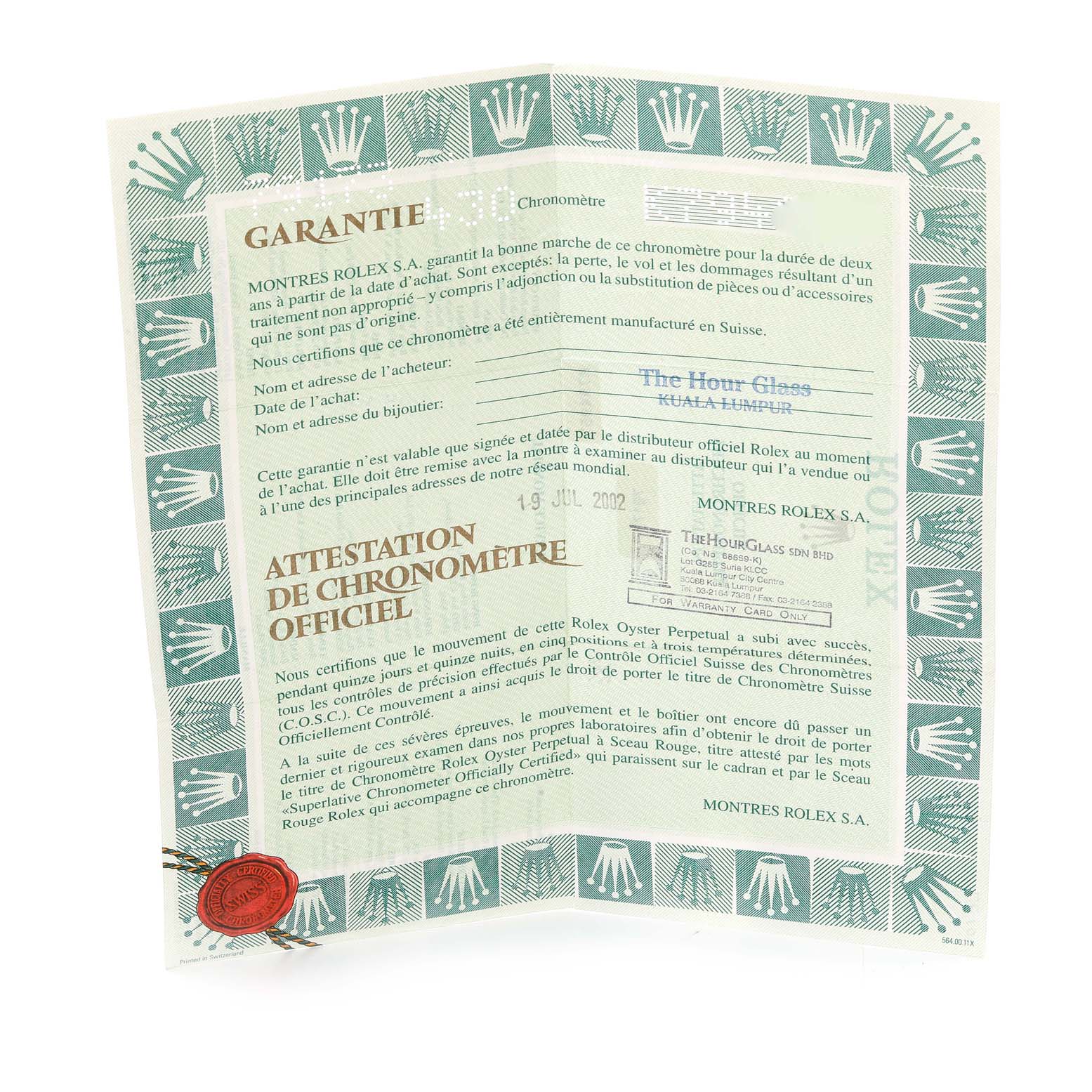 This image shows a Rolex warranty and chronometer certification document for a Datejust model.