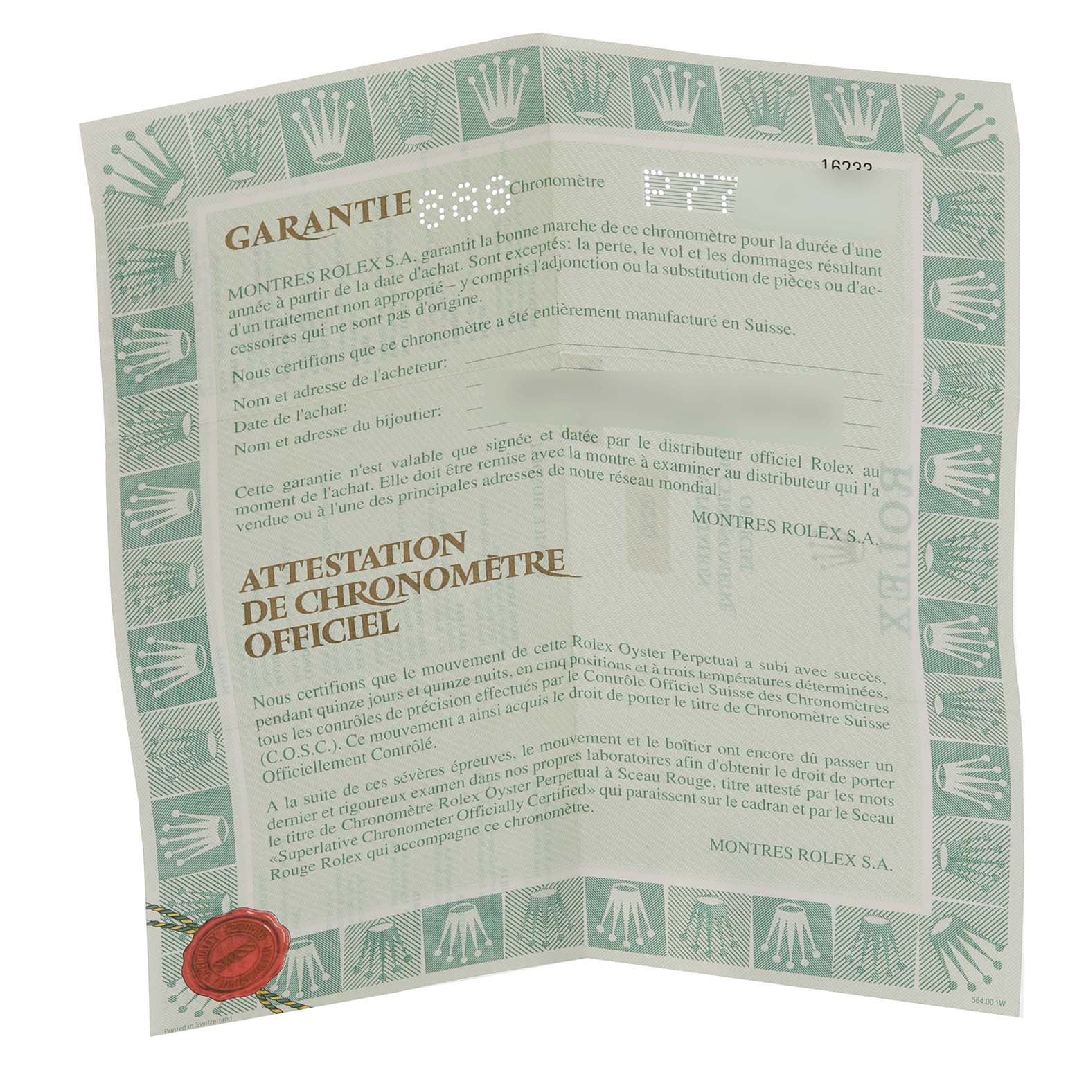 This image shows the warranty certificate for the Rolex Datejust 16233 Men's Steel and Gold (two tone) Silver Dial 16233 Men's Steel and Gold (two tone) Silver Dial model, featuring the brand logo and official text.