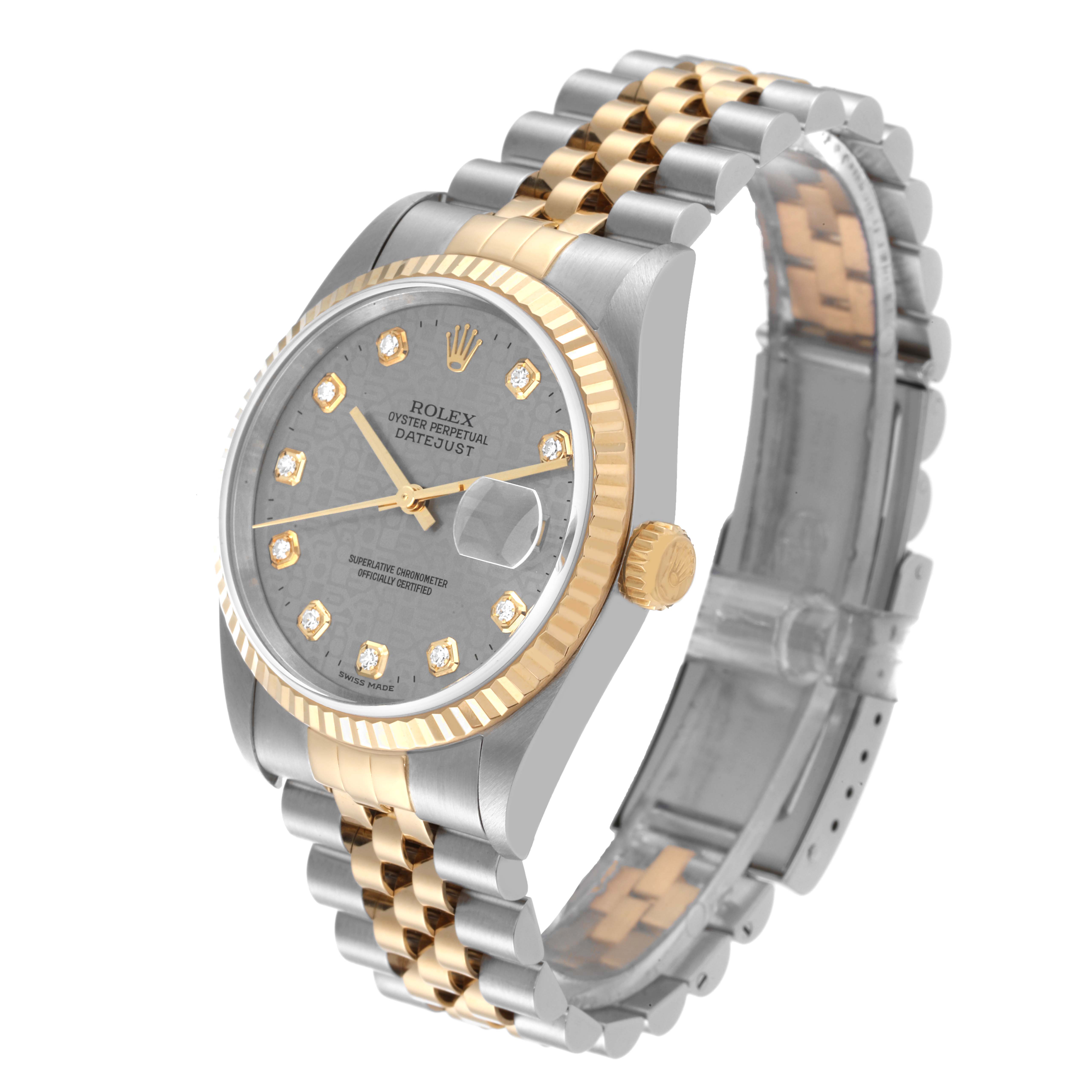 This image shows a Rolex Datejust 16233 Men's Steel and Gold (two tone) Silver Dial 16233 Men's Steel and Gold (two tone) Silver Dial watch at a tilted angle, highlighting the face, bezel, crown, and part of the Jubilee bracelet.