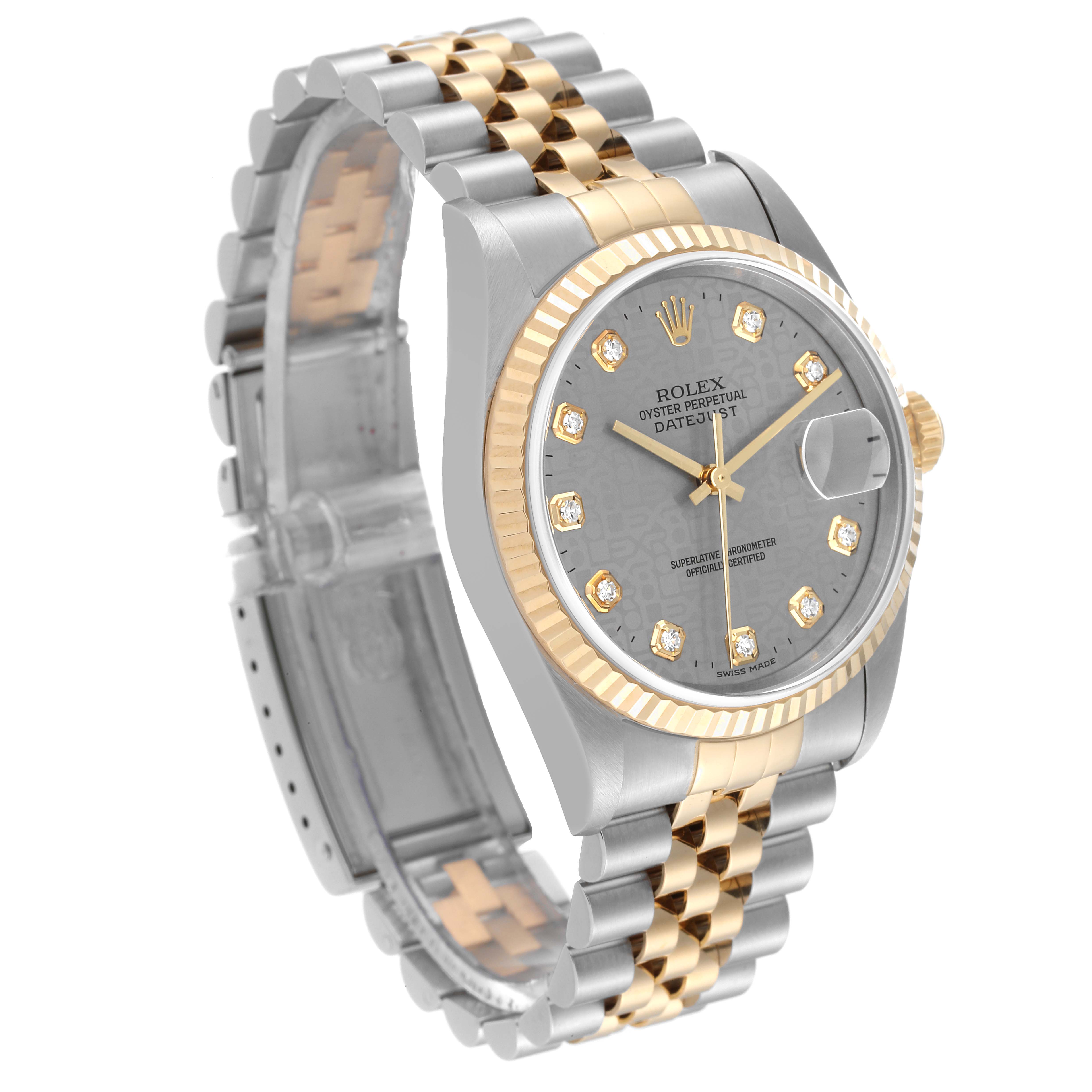 This Rolex Datejust 16233 Men's Steel and Gold (two tone) Silver Dial 16233 Men's Steel and Gold (two tone) Silver Dial watch is shown at a slight angle, featuring its dial, bezel, crown, and Jubilee bracelet.