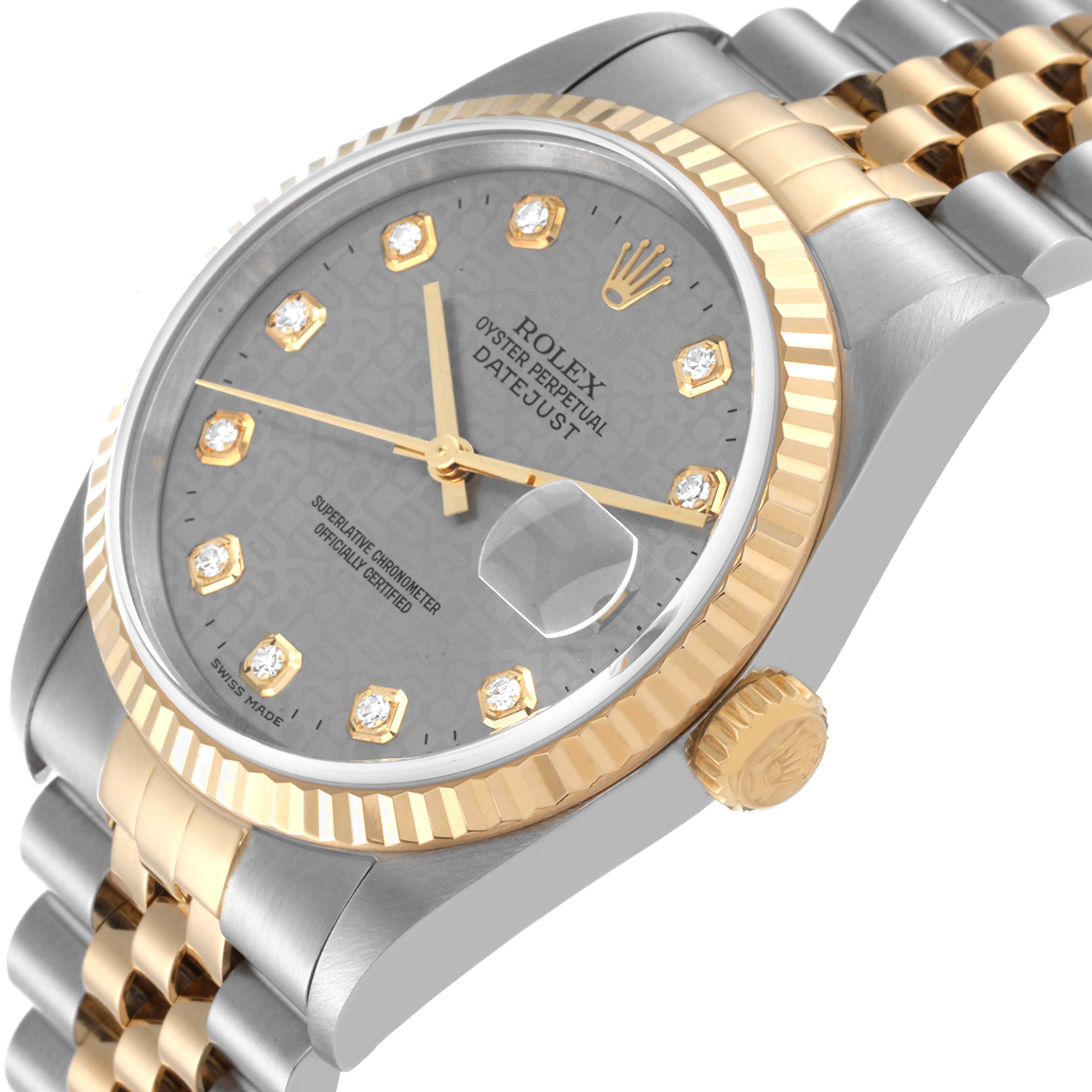The image shows a close-up angled view of a Rolex Datejust 16233 Men's Steel and Gold (two tone) Silver Dial 16233 Men's Steel and Gold (two tone) Silver Dial watch, highlighting its two-tone bezel, crown, and bracelet, with a diamond-studded dial.