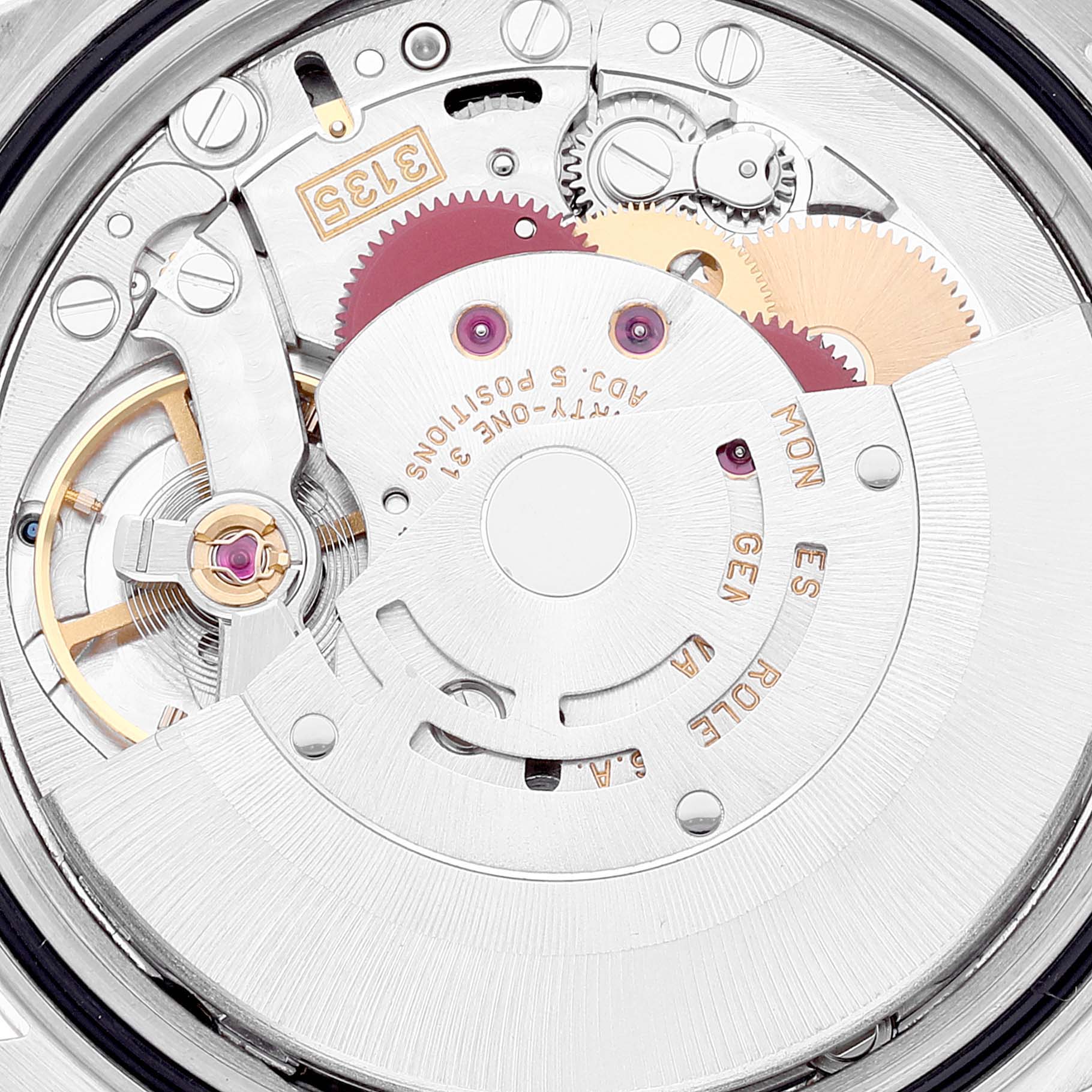 This is a close-up view of the internal mechanism of a Rolex Datejust 16233 Men's Steel and Gold (two tone) Silver Dial 16233 Men's Steel and Gold (two tone) Silver Dial watch, showing gears and intricate components.