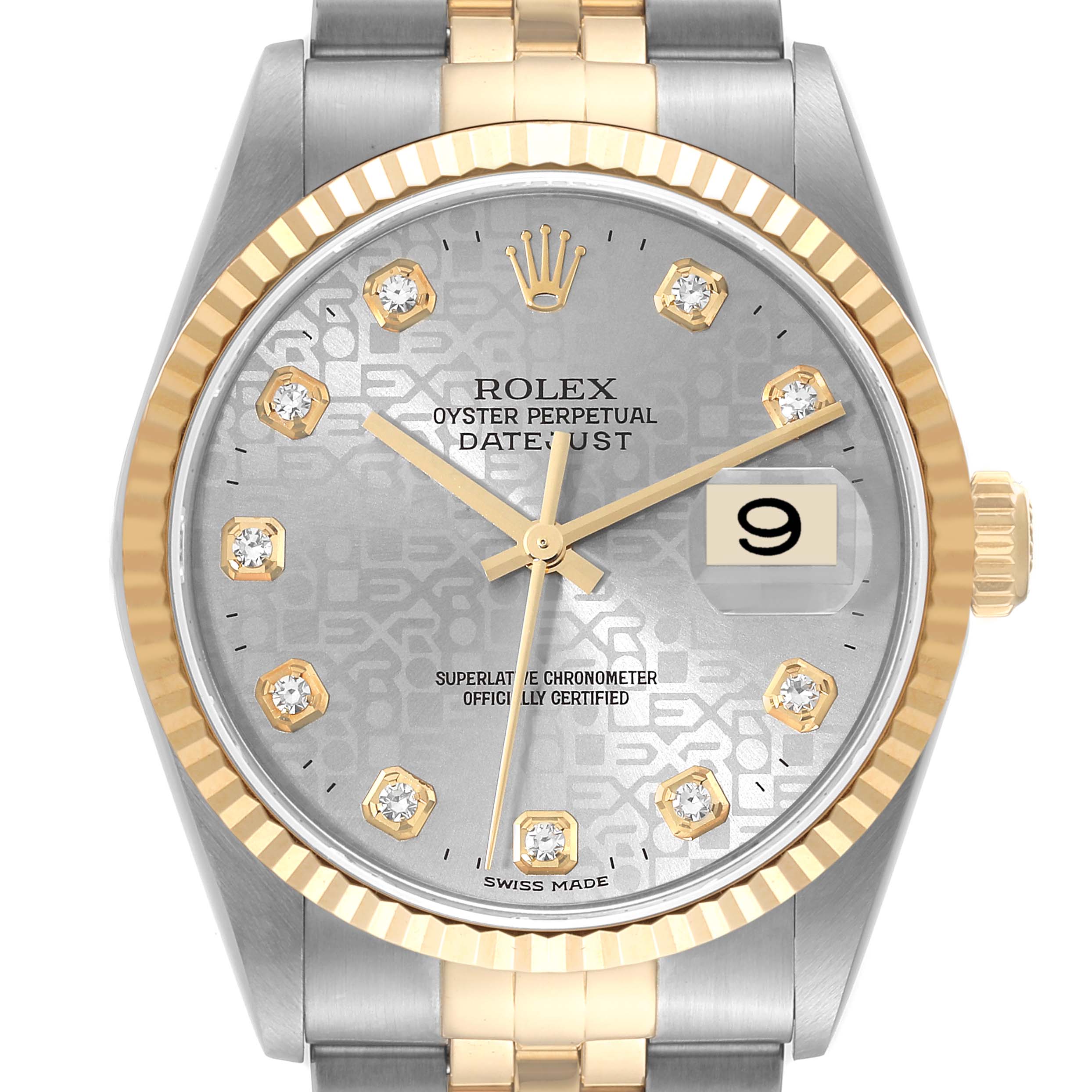 This image shows a frontal angle of a Rolex Datejust 16233 Men's Steel and Gold (two tone) Silver Dial 16233 Men's Steel and Gold (two tone) Silver Dial watch, highlighting the face, bezel, bracelet, and crown.