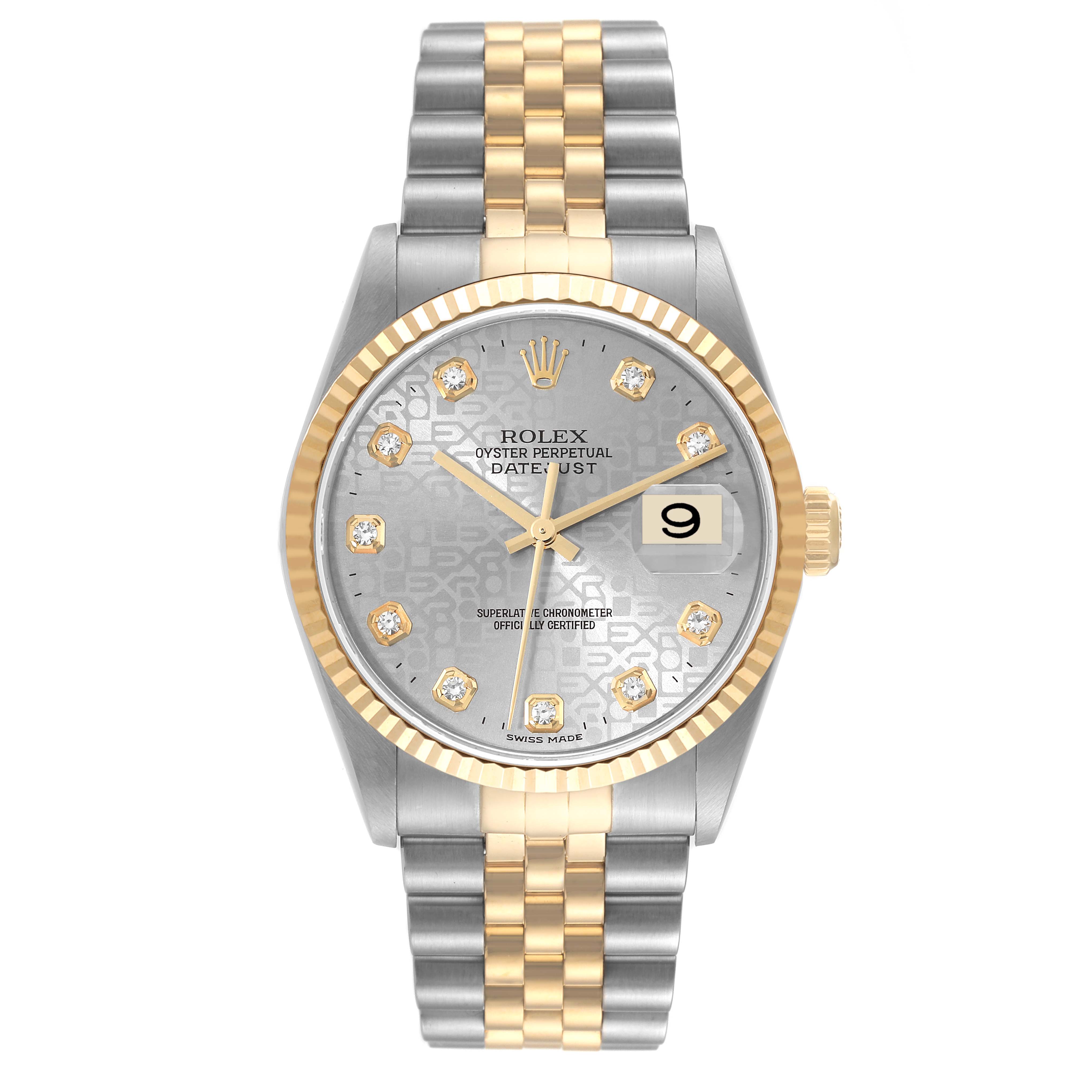 The image shows a front view of a Rolex Datejust 16233 Men's Steel and Gold (two tone) Silver Dial 16233 Men's Steel and Gold (two tone) Silver Dial watch, highlighting its face, bezel, hands, and two-tone bracelet.