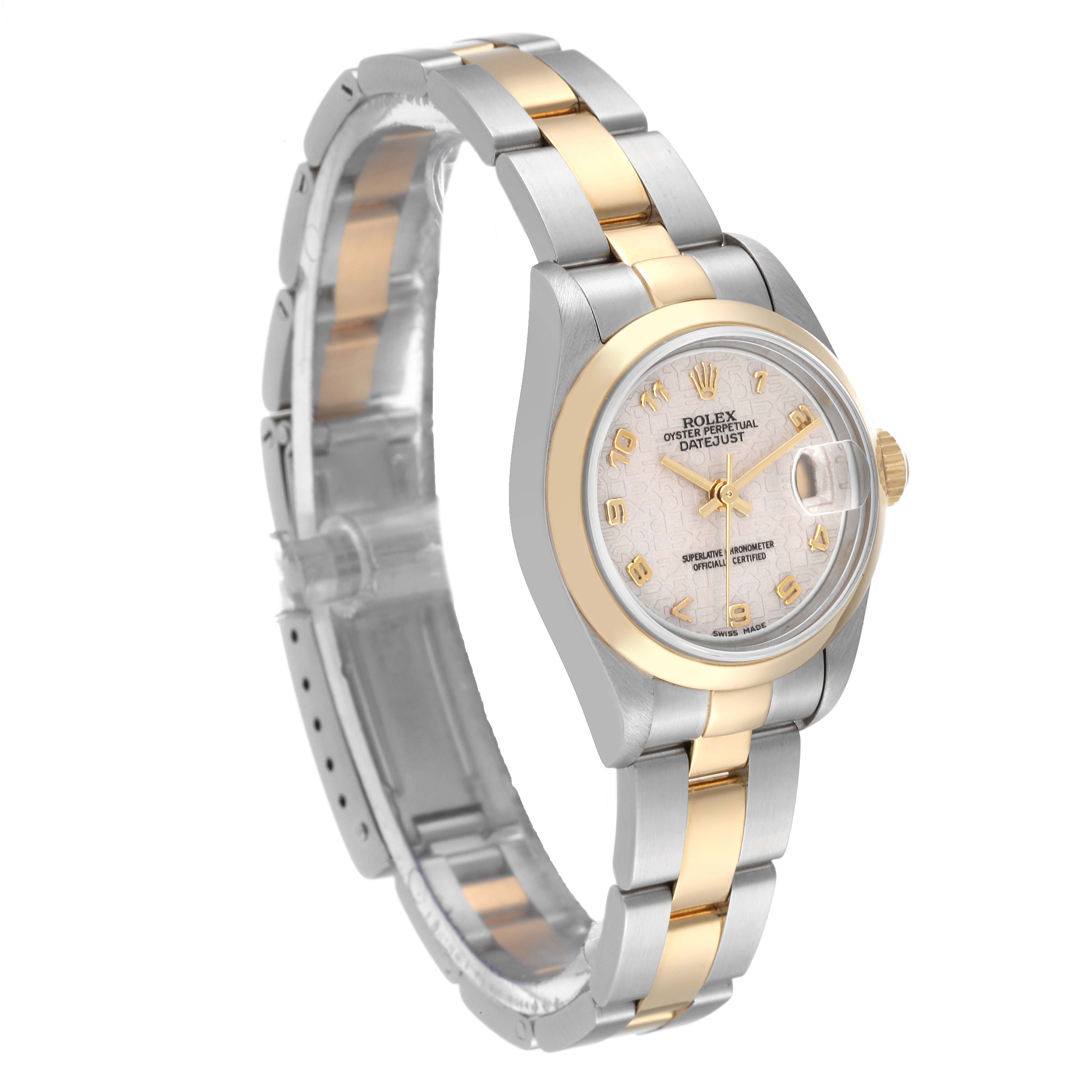 The image shows a Rolex Datejust 79163 Women's Steel and Gold (two tone) Beige Dial 79163 Women's Steel and Gold (two tone) Beige Dial watch at a slight angle, displaying its two-tone band, dial, and bezel.