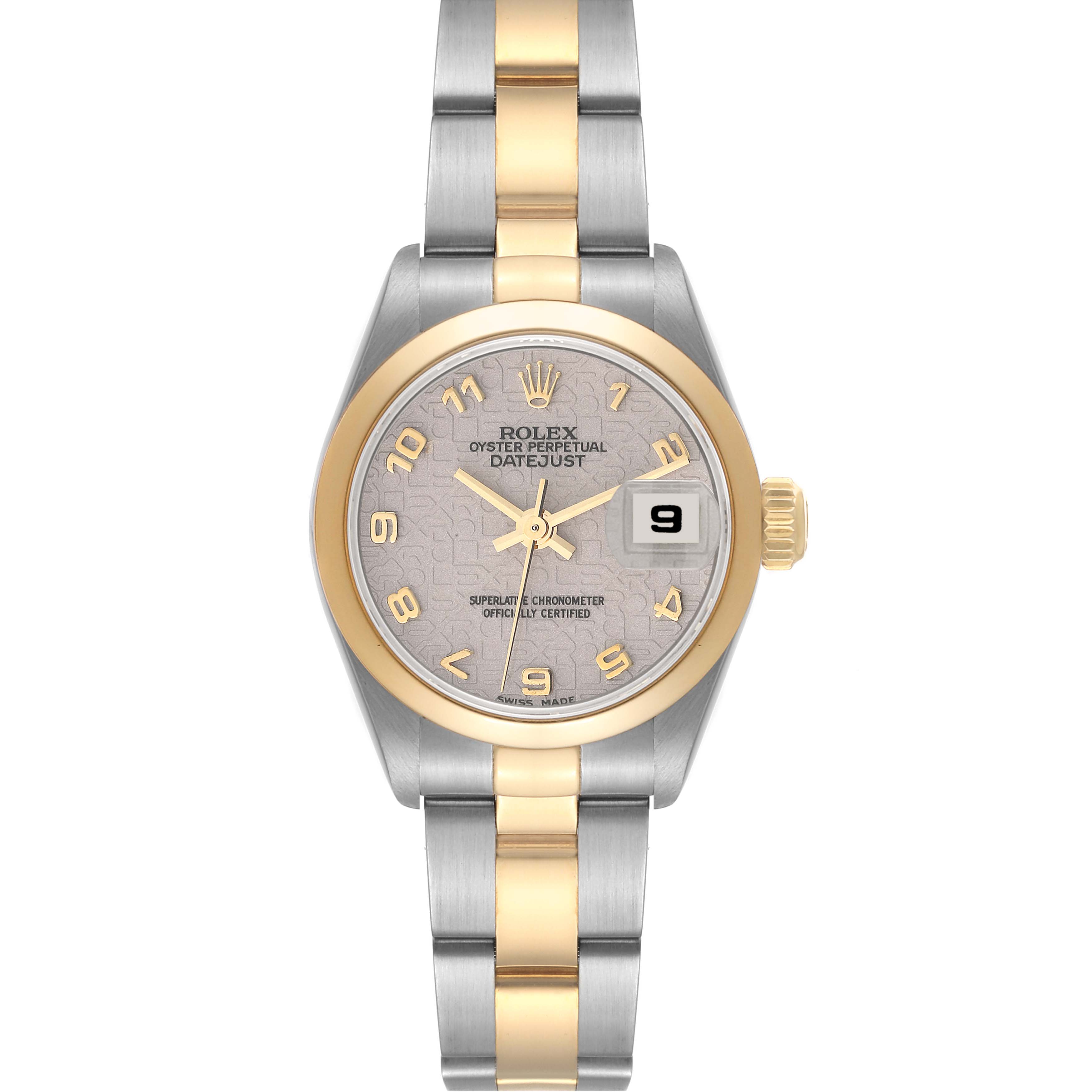 The image shows a front view of a Rolex Datejust 79163 Women's Steel and Gold (two tone) Beige Dial 79163 Women's Steel and Gold (two tone) Beige Dial watch, displaying its bezel, dial, hands, date window, and two-tone bracelet.