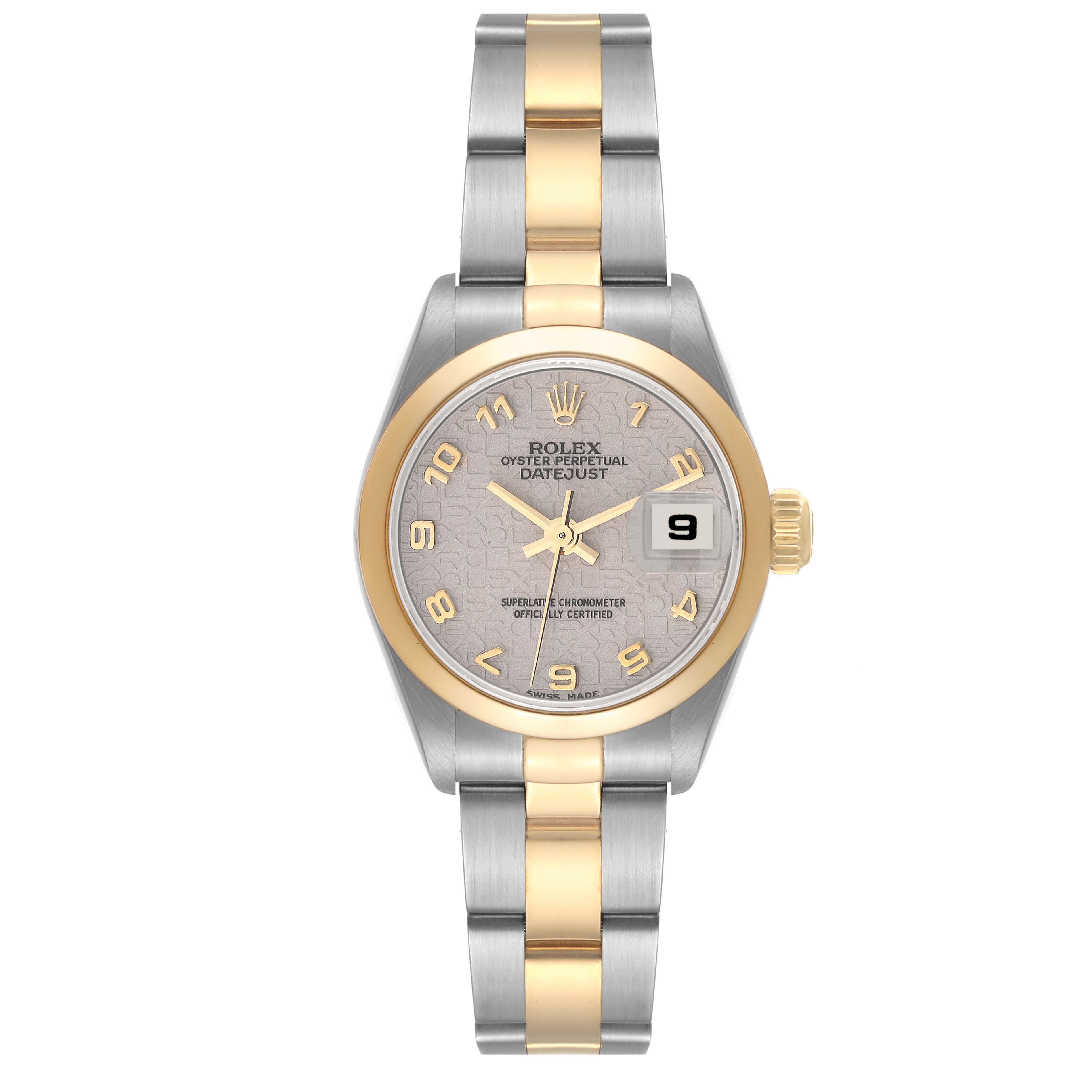 The image shows a front view of a Rolex Datejust 79163 Women's Steel and Gold (two tone) Beige Dial 79163 Women's Steel and Gold (two tone) Beige Dial watch, highlighting the face, bezel, and bracelet.