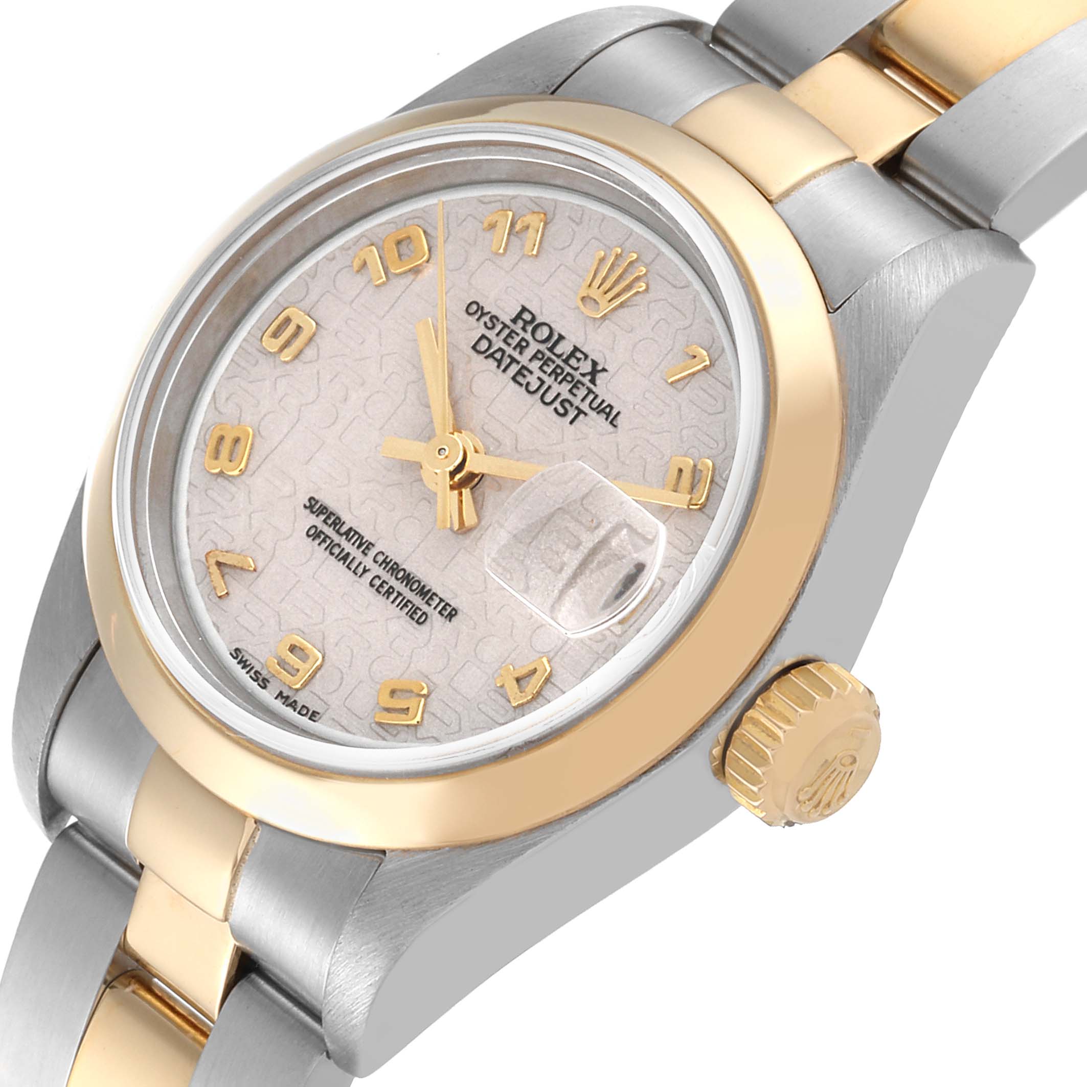 The image shows a close-up angled view of a Rolex Datejust 79163 Women's Steel and Gold (two tone) Beige Dial 79163 Women's Steel and Gold (two tone) Beige Dial watch, highlighting its face, bezel, crown, and part of the bracelet.