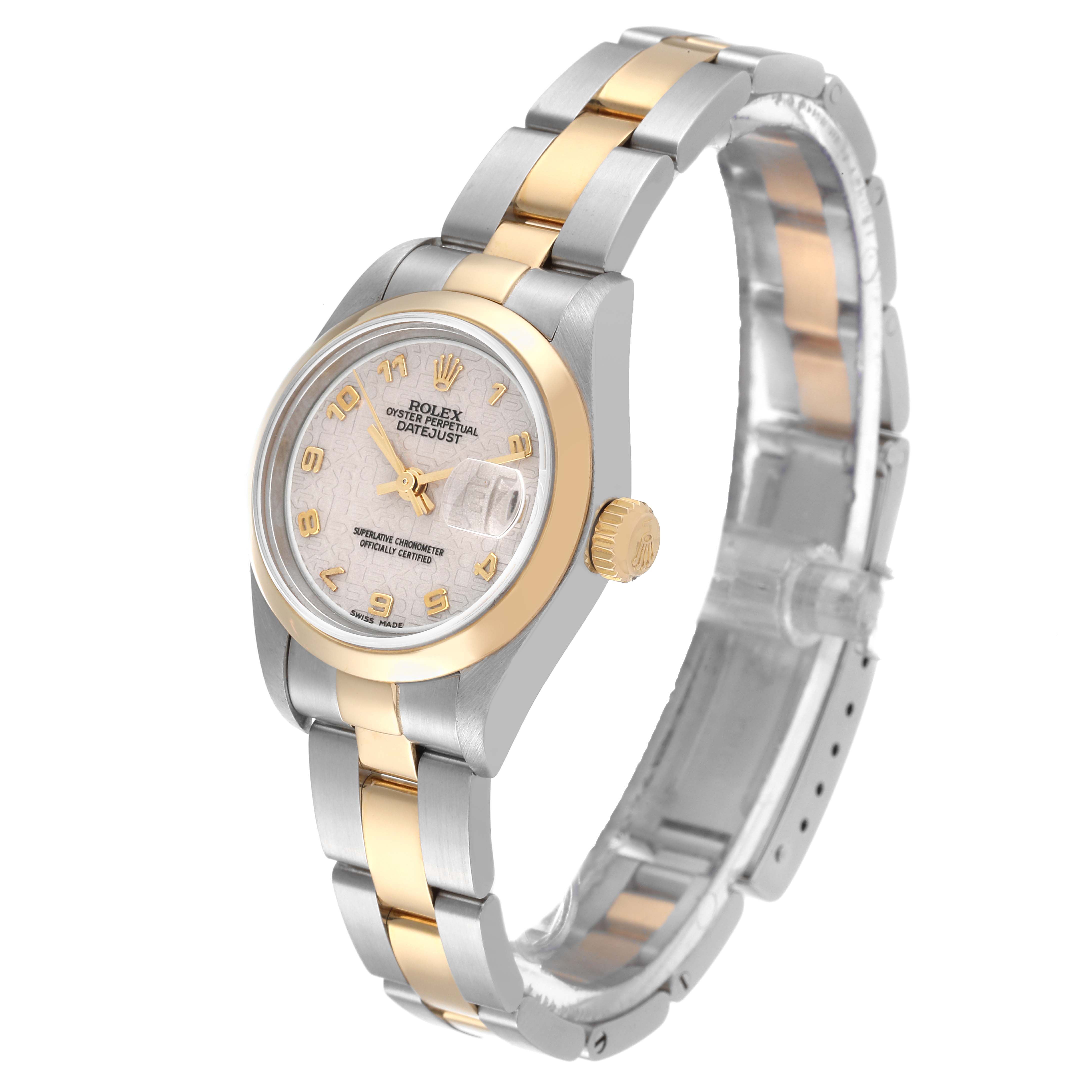 The Rolex Datejust 79163 Women's Steel and Gold (two tone) Beige Dial 79163 Women's Steel and Gold (two tone) Beige Dial watch is shown at a three-quarter angle, displaying the watch face, crown, and two-tone bracelet.