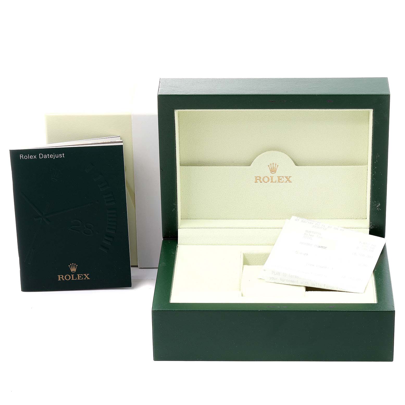 The image shows the open box, manual, and paperwork for a Rolex Datejust 116233 Men's Steel and Gold (two tone) Grey Dial 116233 Men's Steel and Gold (two tone) Grey Dial watch.