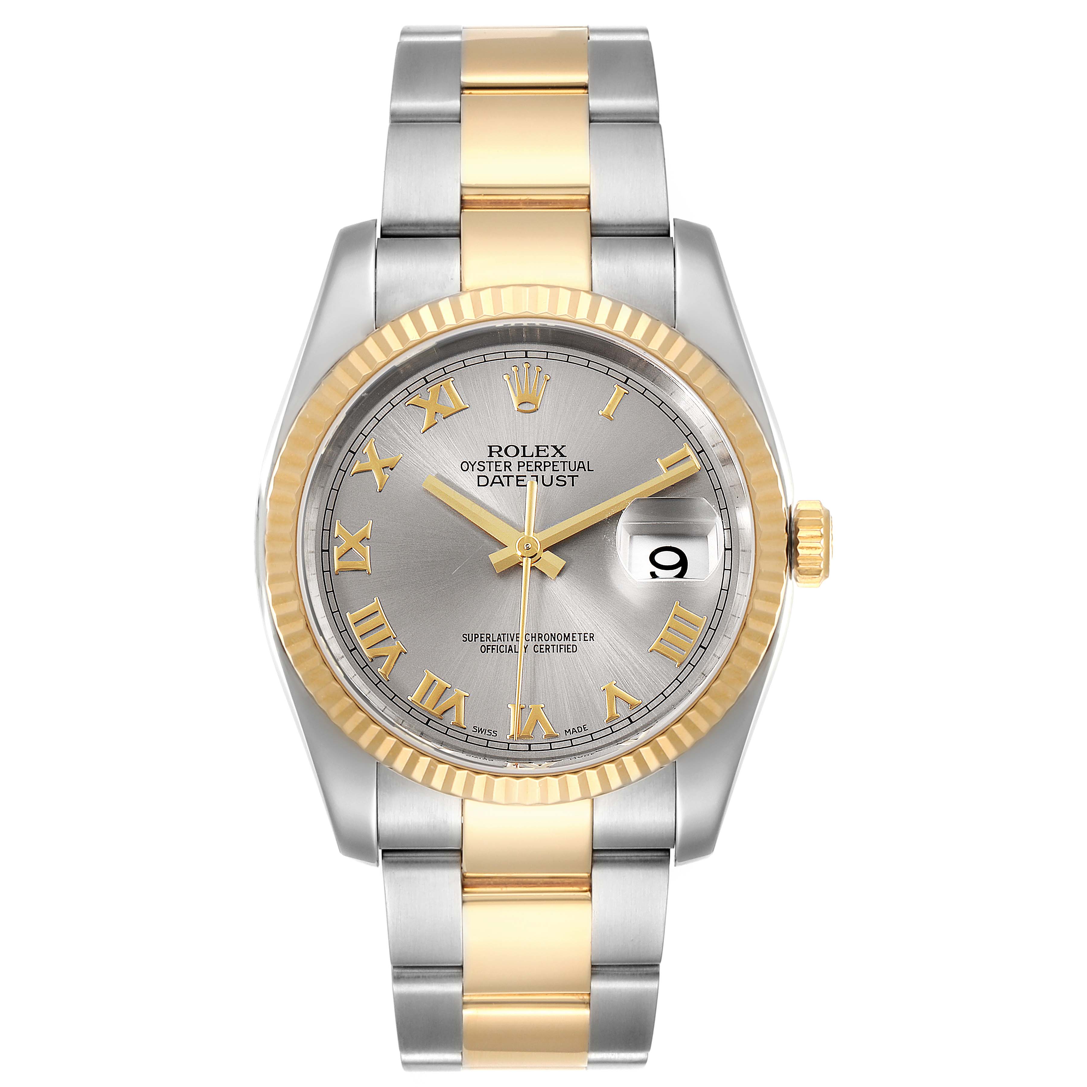 This Rolex Datejust 116233 Men's Steel and Gold (two tone) Grey Dial 116233 Men's Steel and Gold (two tone) Grey Dial watch is shown in a top-down view, highlighting its two-tone bracelet, gold bezel, and dial with Roman numerals.