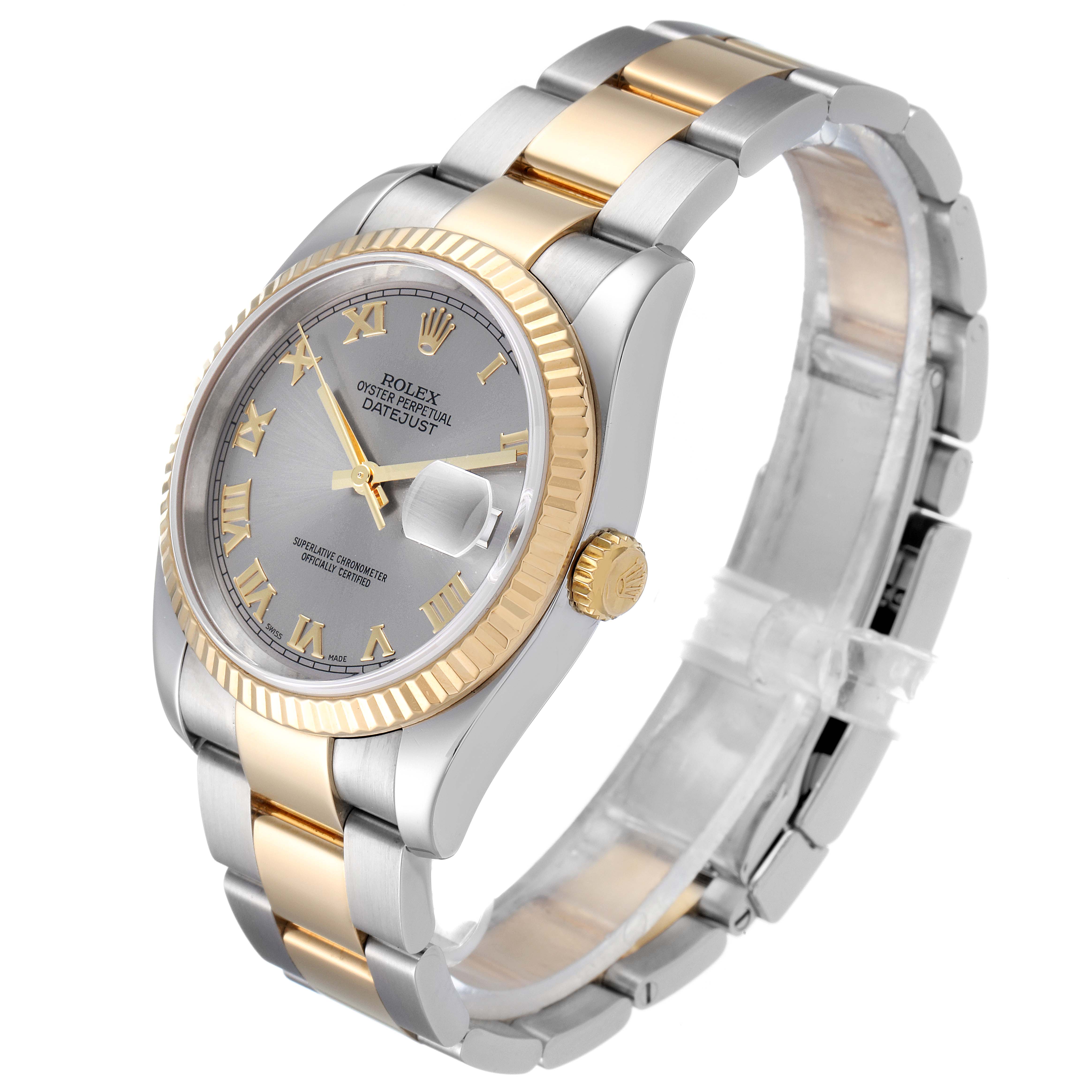 The Rolex Datejust 116233 Men's Steel and Gold (two tone) Grey Dial 116233 Men's Steel and Gold (two tone) Grey Dial watch is shown at an angle highlighting the dial, bezel, crown, and two-tone bracelet.