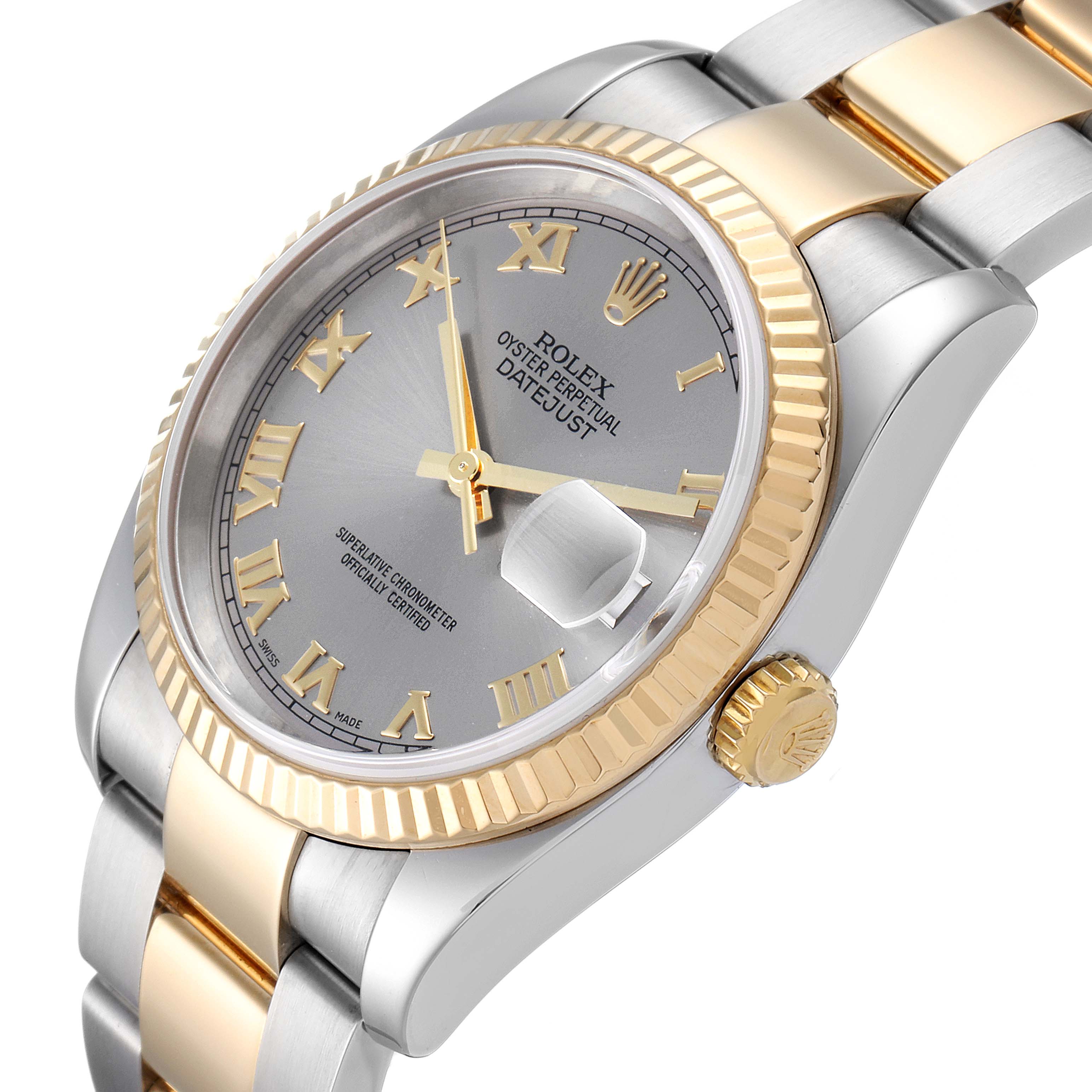 This image shows a close-up of the Rolex Datejust 116233 Men's Steel and Gold (two tone) Grey Dial 116233 Men's Steel and Gold (two tone) Grey Dial watch, featuring its dial, bezel, crown, and part of the bracelet.