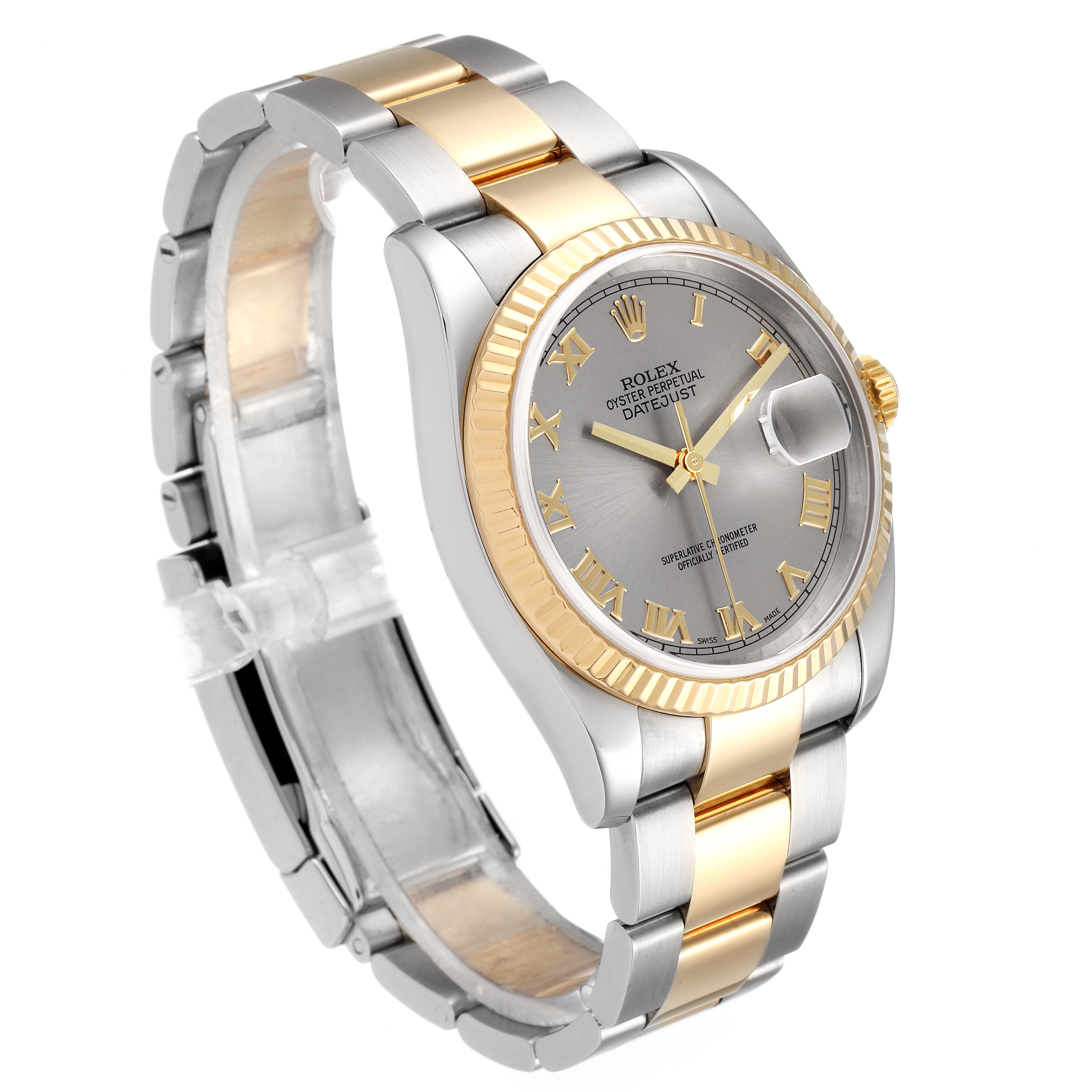 The Rolex Datejust 116233 Men's Steel and Gold (two tone) Grey Dial 116233 Men's Steel and Gold (two tone) Grey Dial watch is shown from an angled side view, showcasing its two-tone metal bracelet and detailed face.