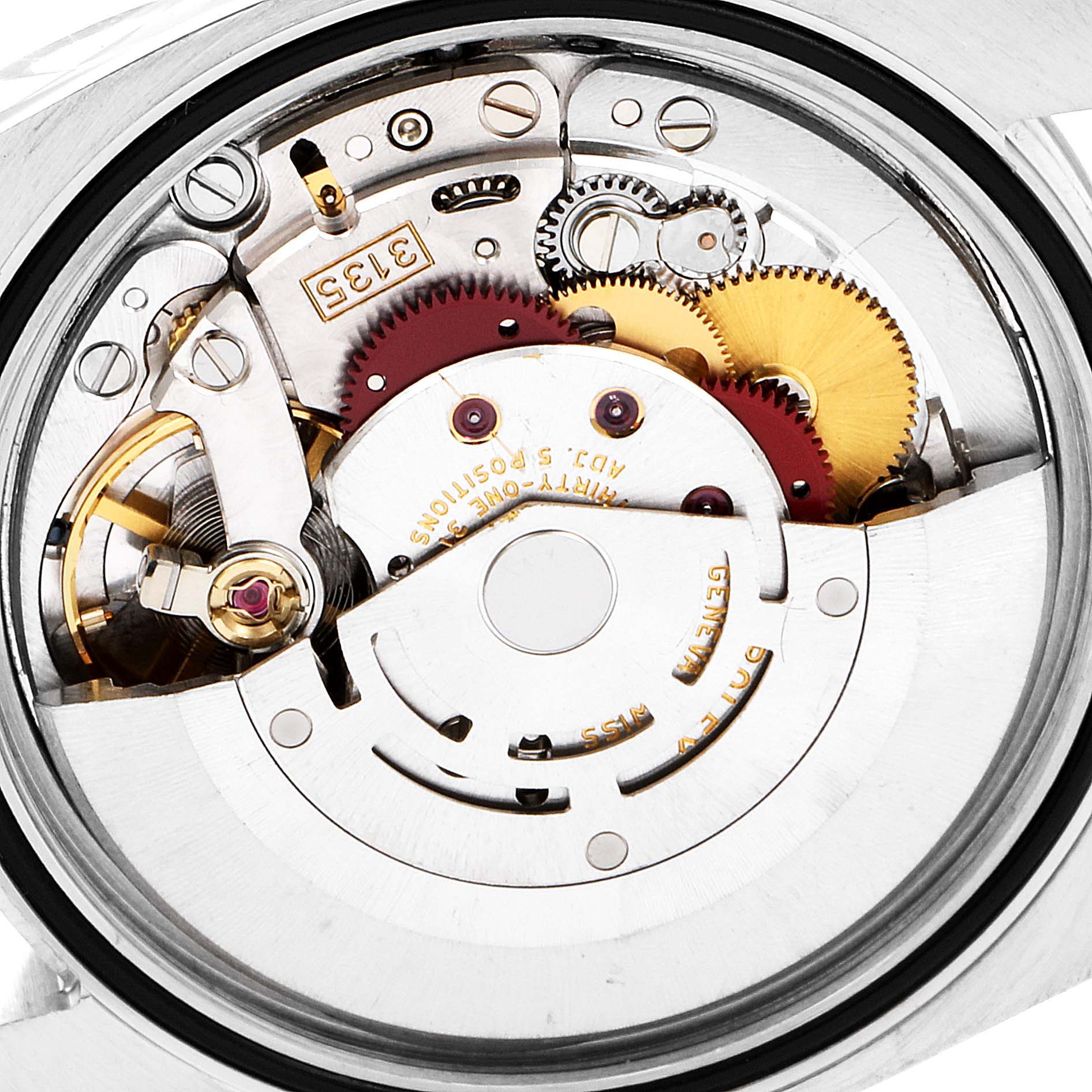 This image shows the movement and internal components of a Rolex Datejust 116233 Men's Steel and Gold (two tone) Grey Dial 116233 Men's Steel and Gold (two tone) Grey Dial watch from a back angle.