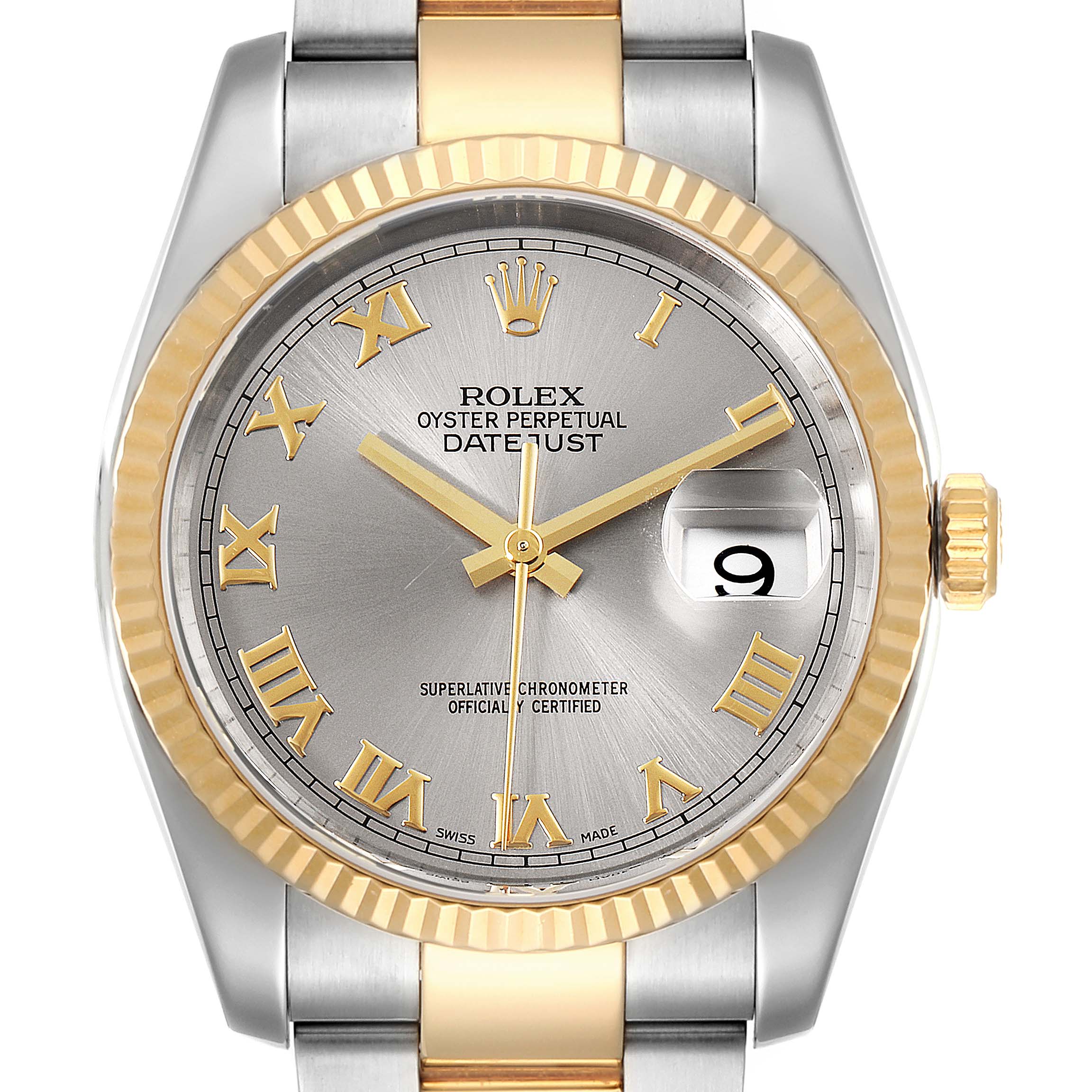 This is a head-on view of a Rolex Datejust 116233 Men's Steel and Gold (two tone) Grey Dial 116233 Men's Steel and Gold (two tone) Grey Dial watch showing the dial, hands, bezel, and part of the bracelet.