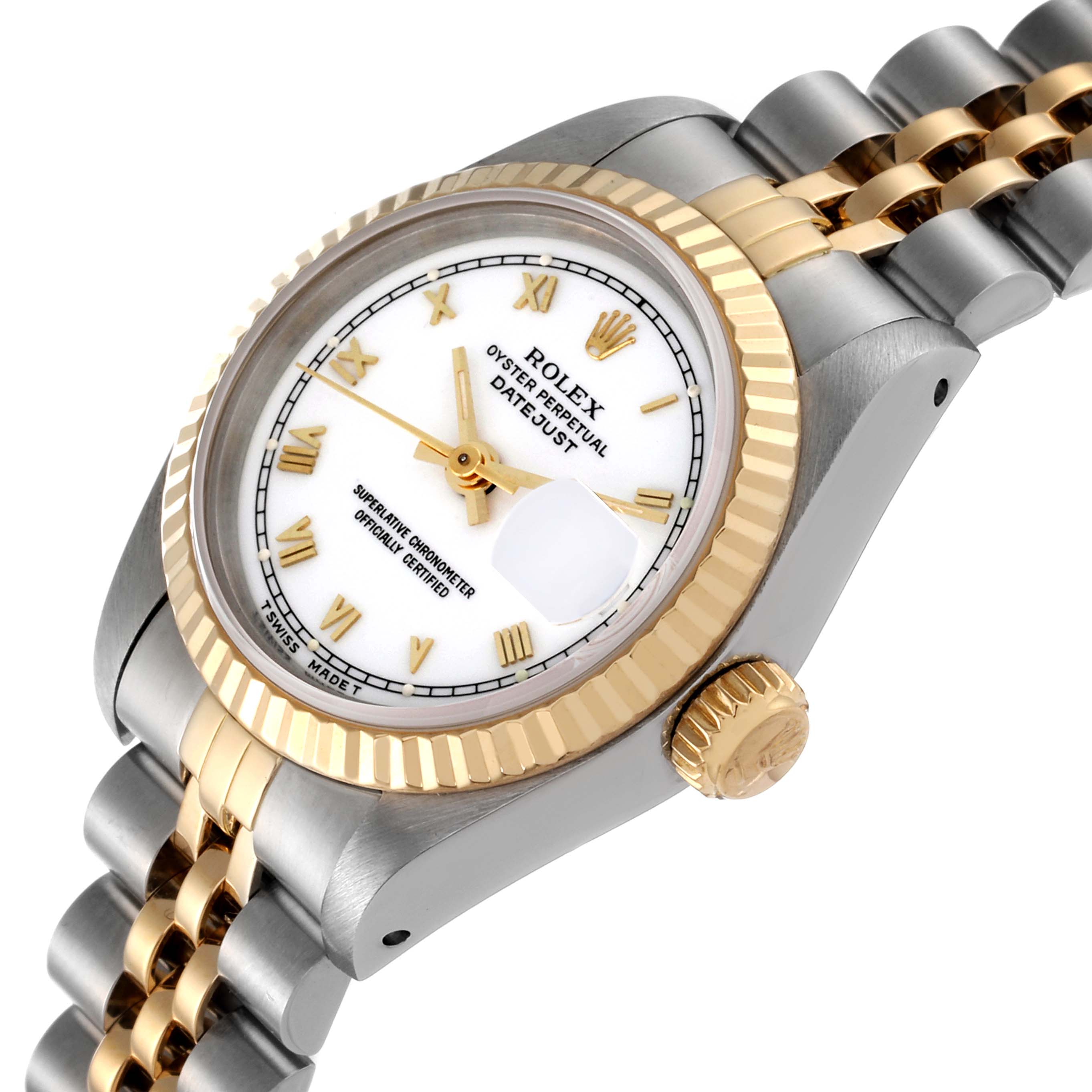 The image shows a Rolex Datejust 69173 Women's Steel and Gold (two tone) White Dial 69173 Women's Steel and Gold (two tone) White Dial watch at an angled view, displaying the dial, bezel, crown, and bracelet.