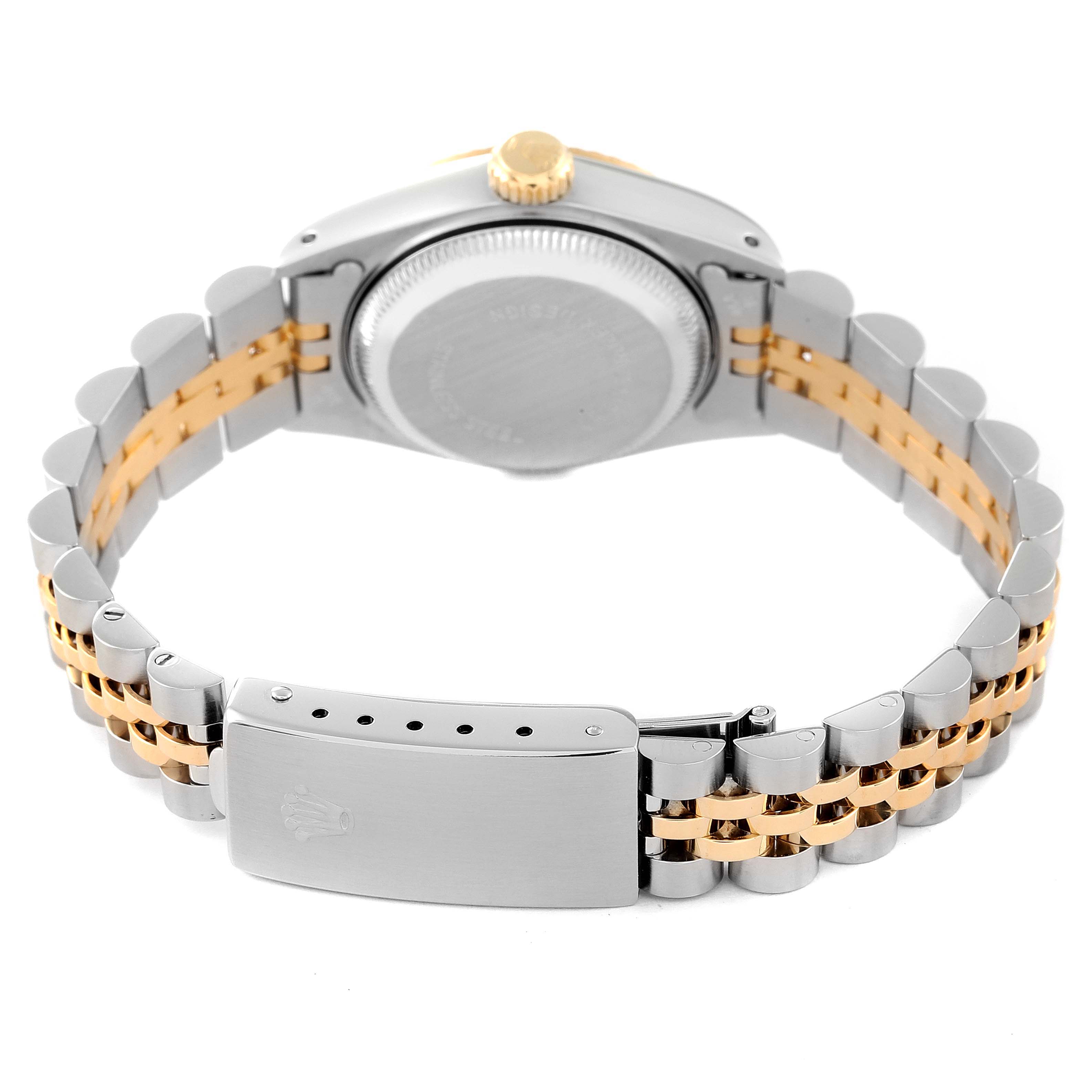 This image shows the back view of the Rolex Datejust 69173 Women's Steel and Gold (two tone) White Dial 69173 Women's Steel and Gold (two tone) White Dial watch, highlighting the case back, bracelet, and clasp.