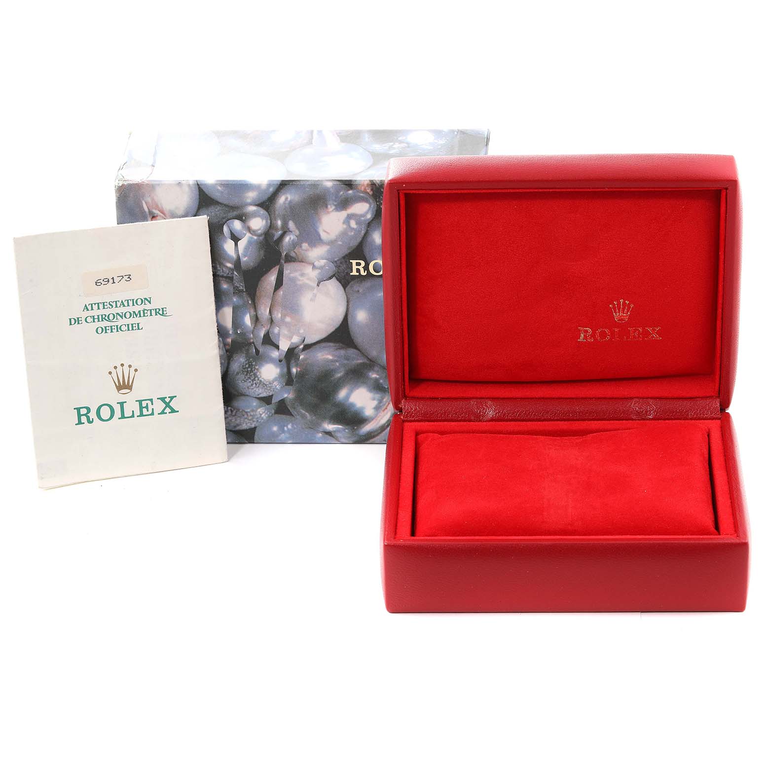 The image shows an empty Rolex Datejust 69173 Women's Steel and Gold (two tone) White Dial 69173 Women's Steel and Gold (two tone) White Dial watch box, its outer packaging, and an instruction booklet.