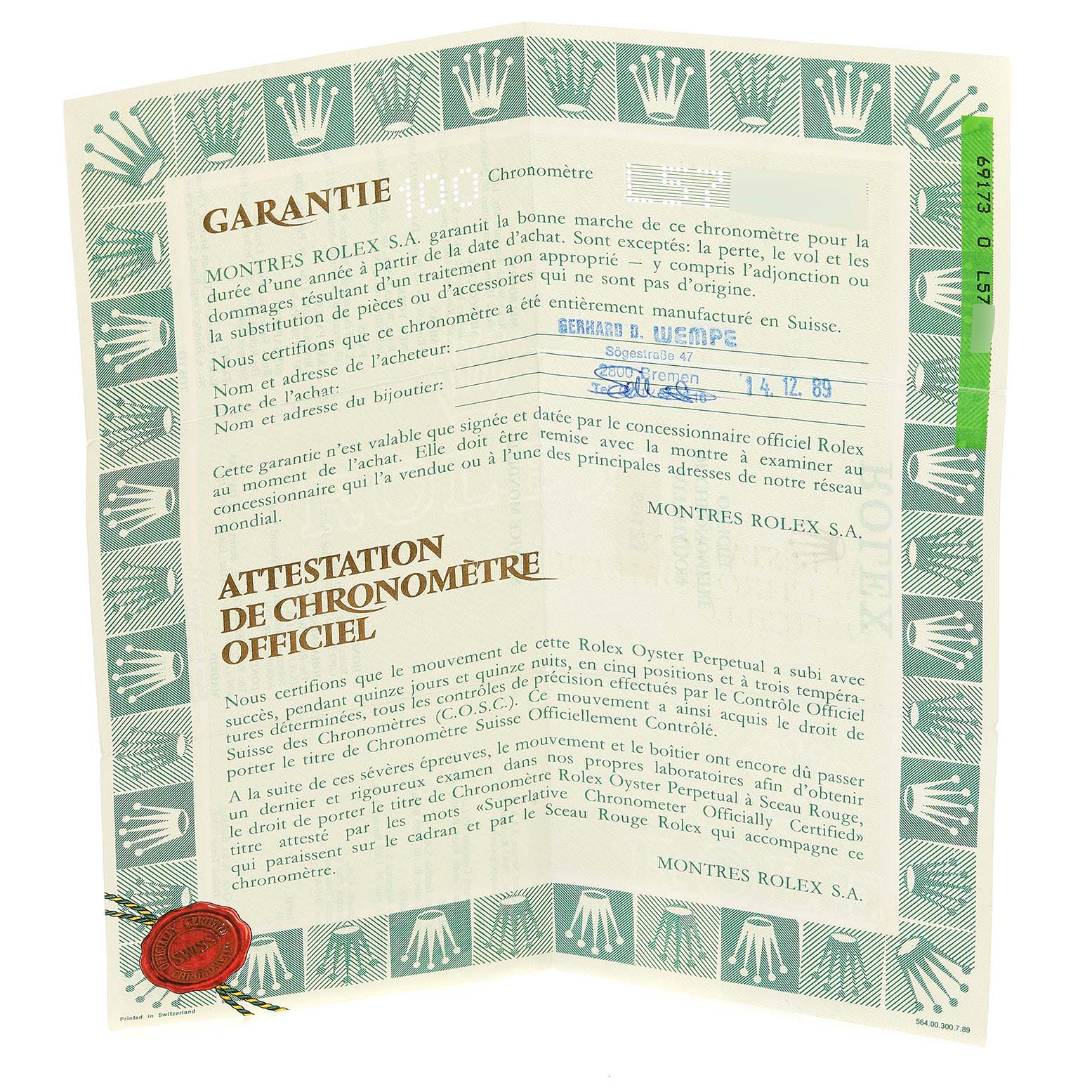 This image shows the official warranty and chronometer certificate for the Rolex Datejust 69173 Women's Steel and Gold (two tone) White Dial 69173 Women's Steel and Gold (two tone) White Dial model.