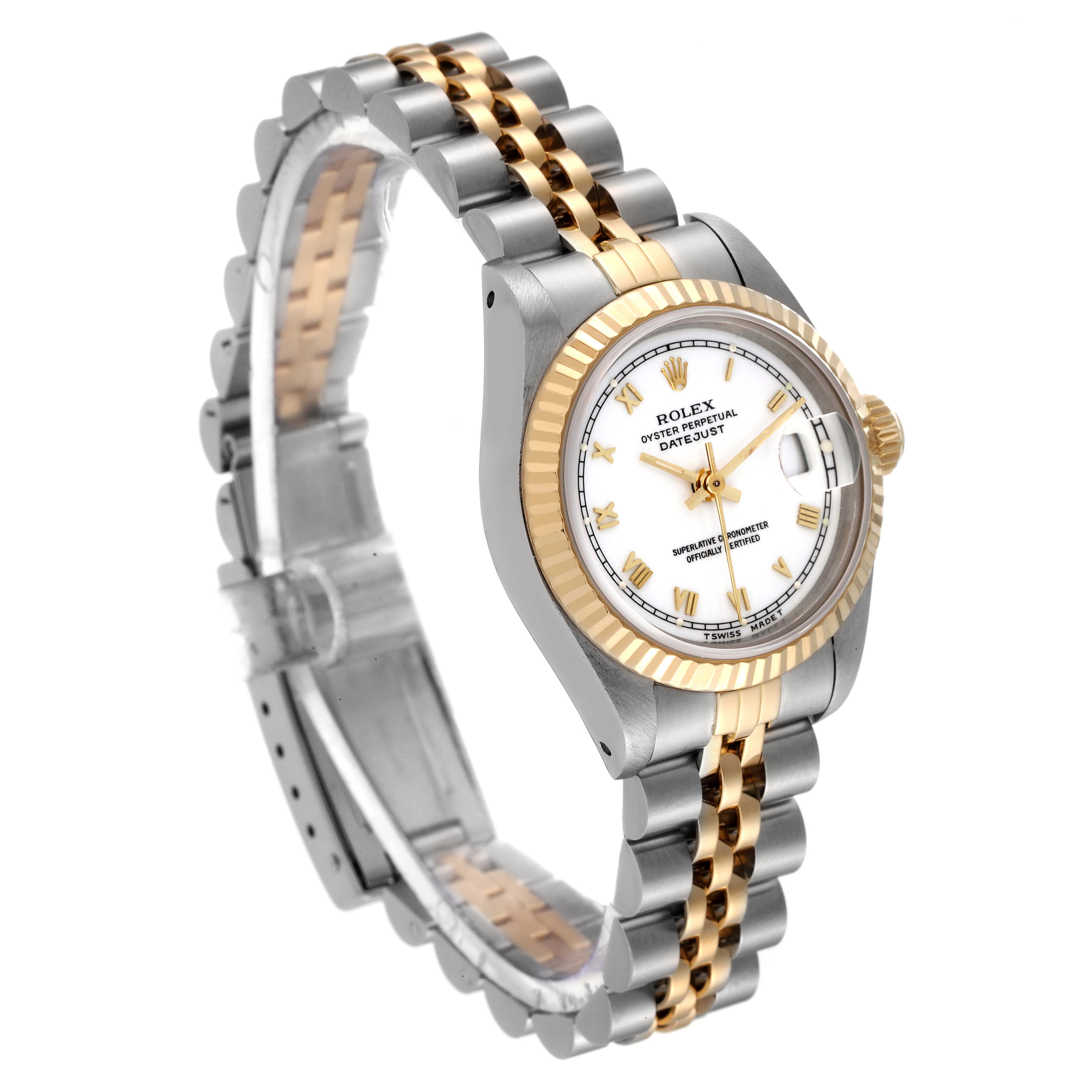 The Rolex Datejust 69173 Women's Steel and Gold (two tone) White Dial 69173 Women's Steel and Gold (two tone) White Dial watch is shown at an angled side view, displaying the dial, case, and the two-tone bracelet.
