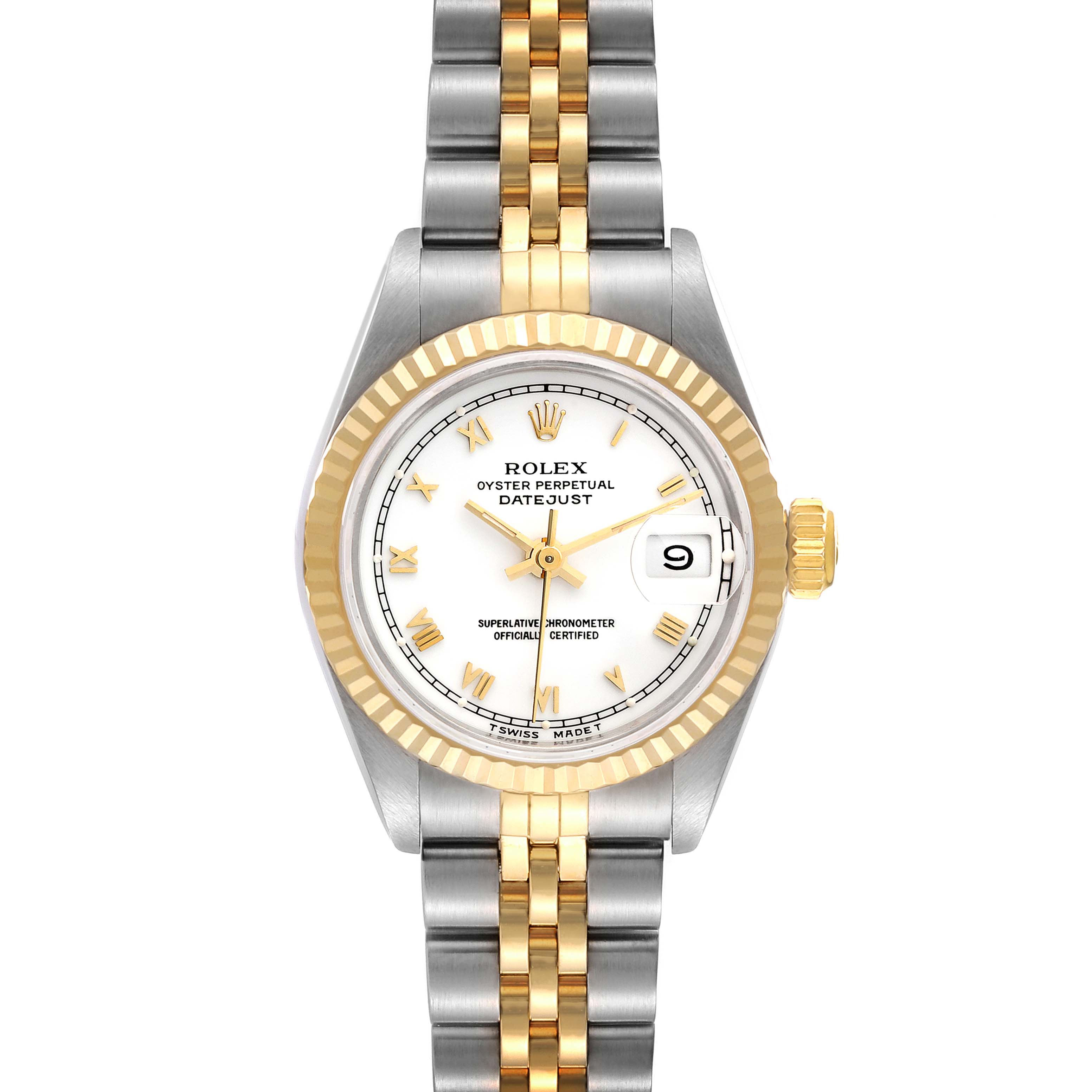 The Rolex Datejust 69173 Women's Steel and Gold (two tone) White Dial 69173 Women's Steel and Gold (two tone) White Dial watch is shown from a front view, highlighting the face, bezel, crown, and bracelet.