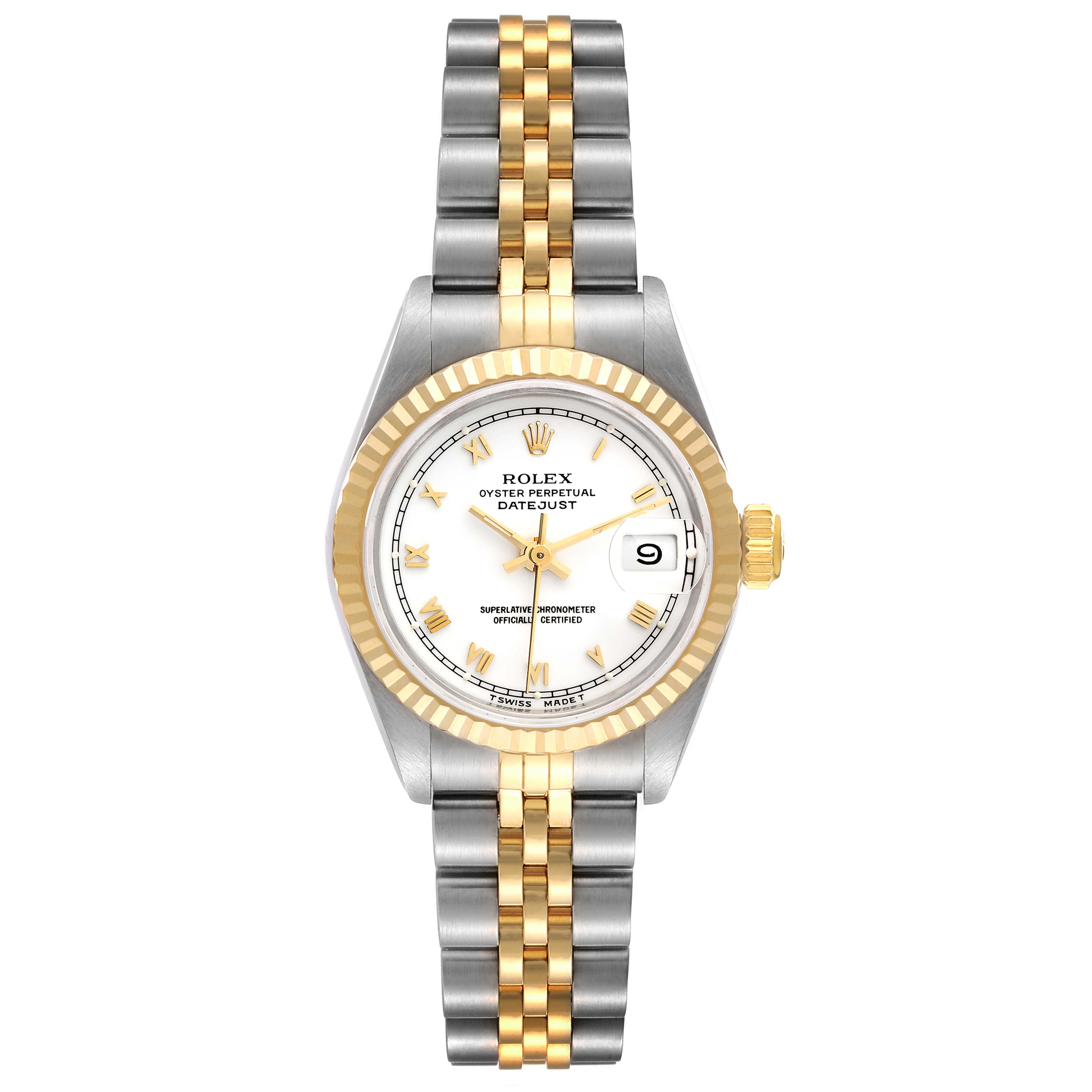 This image shows a front view of the Rolex Datejust 69173 Women's Steel and Gold (two tone) White Dial 69173 Women's Steel and Gold (two tone) White Dial watch featuring a two-tone band and fluted bezel.