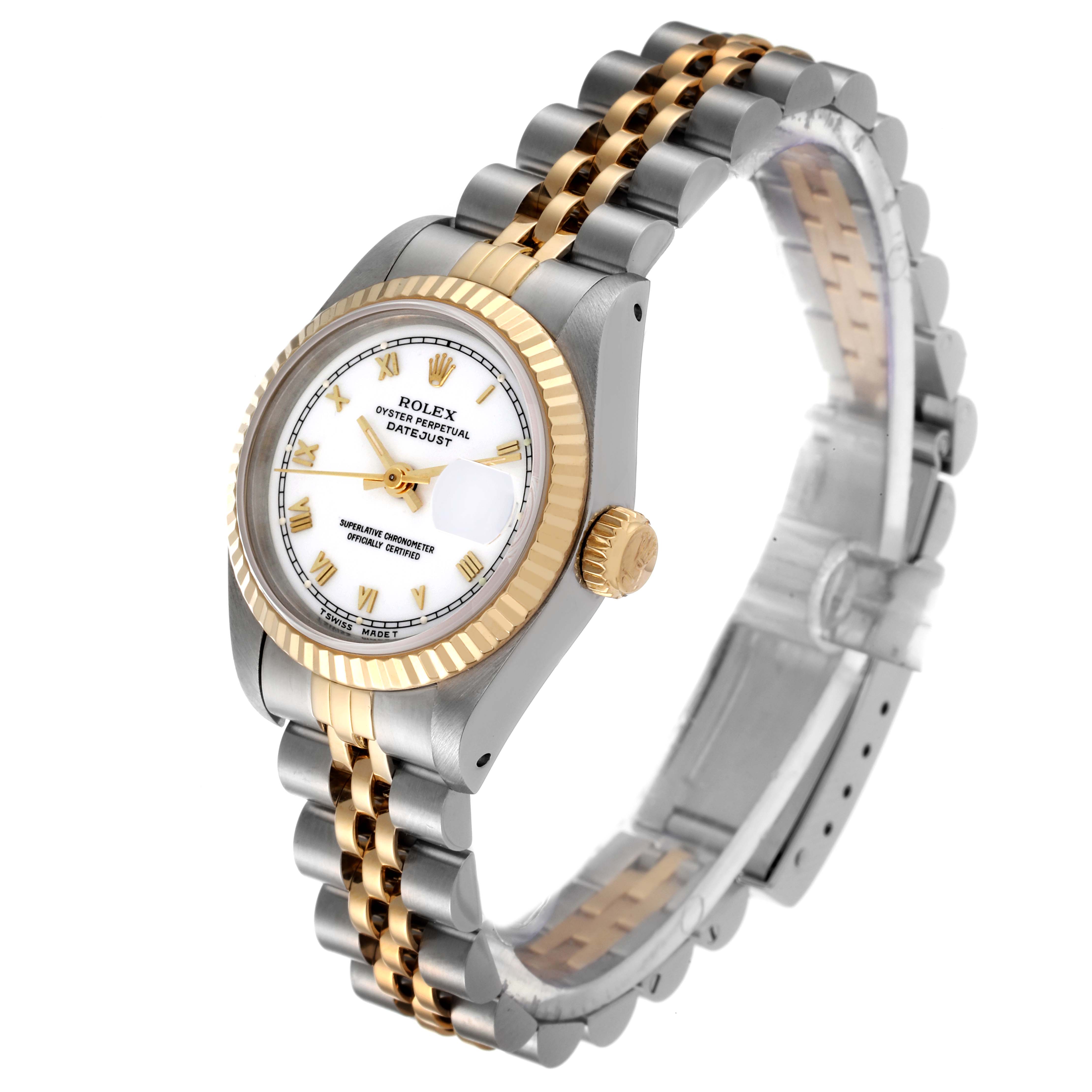 The image shows a Rolex Datejust 69173 Women's Steel and Gold (two tone) White Dial 69173 Women's Steel and Gold (two tone) White Dial watch at an angled side view, highlighting the two-tone bracelet, fluted bezel, and dial.