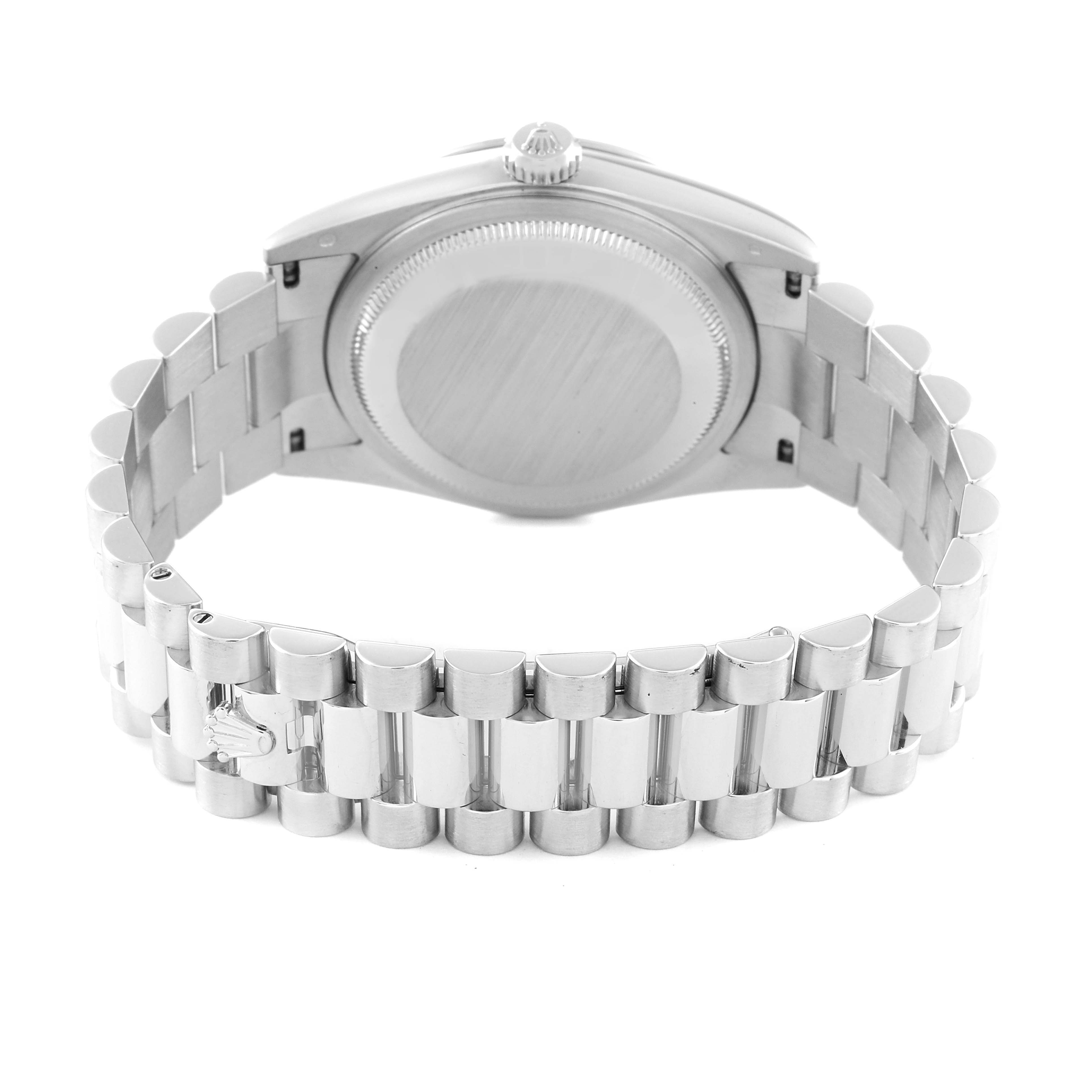 The image shows the back view of a Rolex President 118206 Men
s Platinum Blue Dial 118206 Men
s Platinum Blue Dial model watch, highlighting its case back and bracelet.