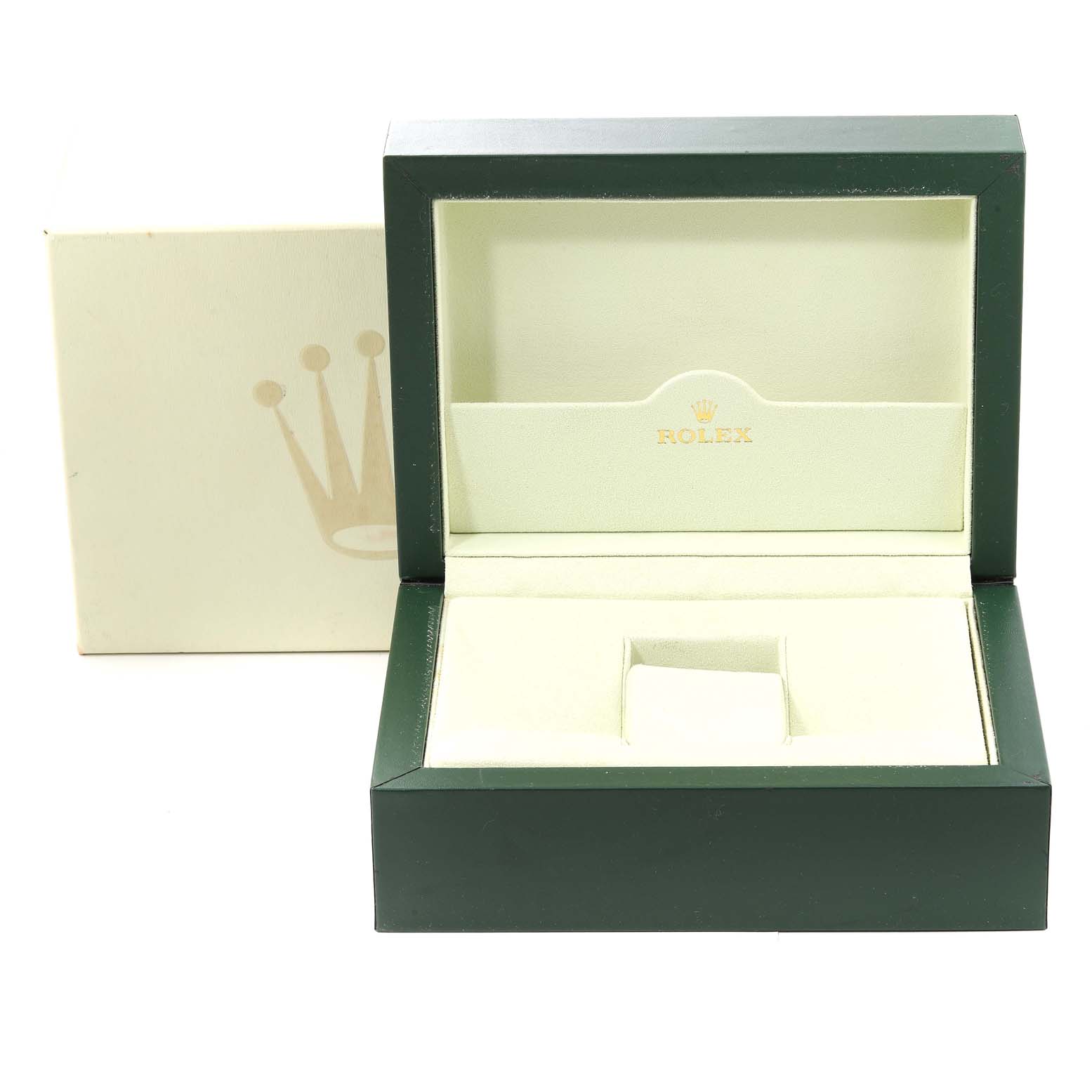 This image shows an open Rolex President 118206 Men
s Platinum Blue Dial 118206 Men
s Platinum Blue Dial watch box with an outer box in the background.