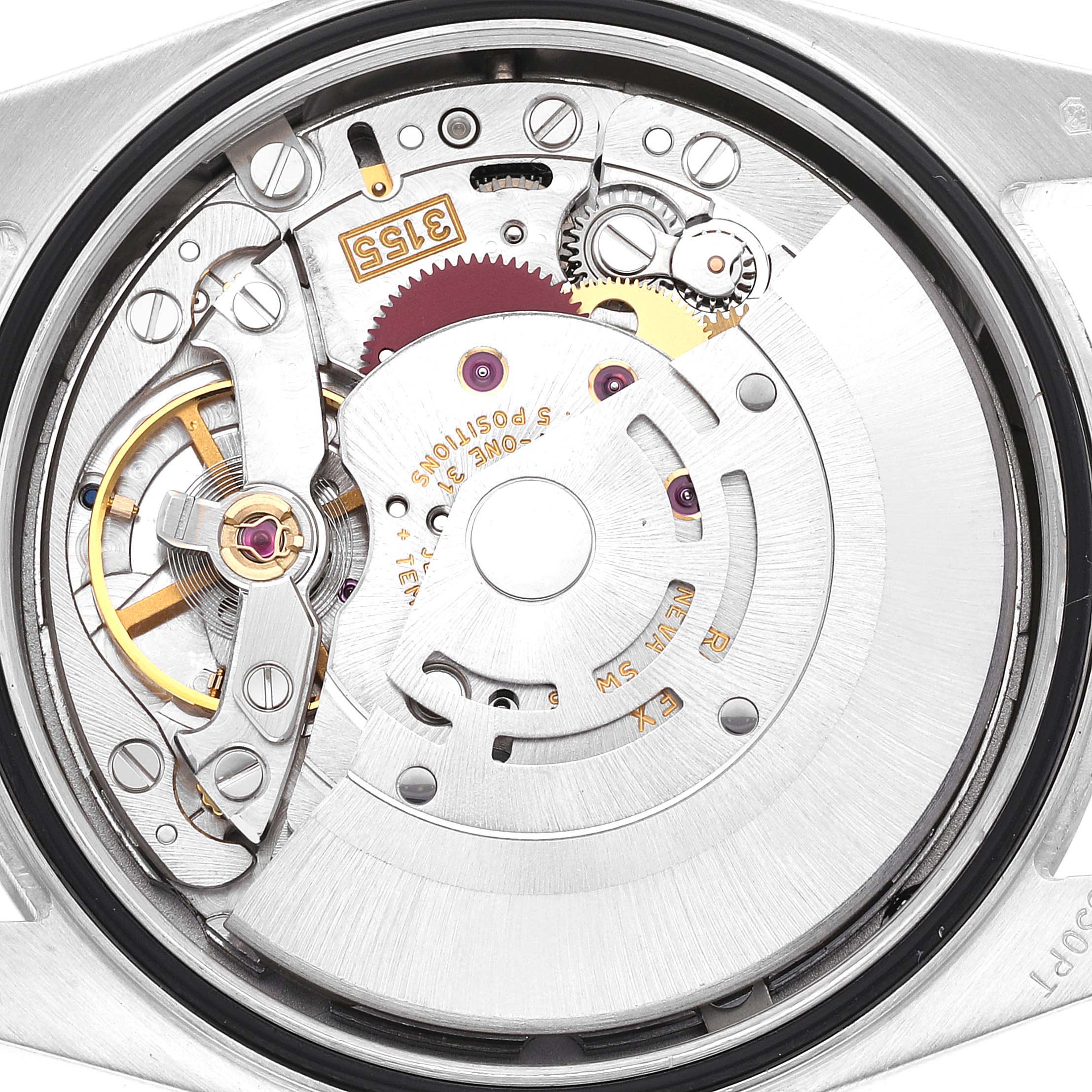 This image shows the inner mechanical movement of a Rolex President 118206 Men
s Platinum Blue Dial 118206 Men
s Platinum Blue Dial model watch from a rear angle.