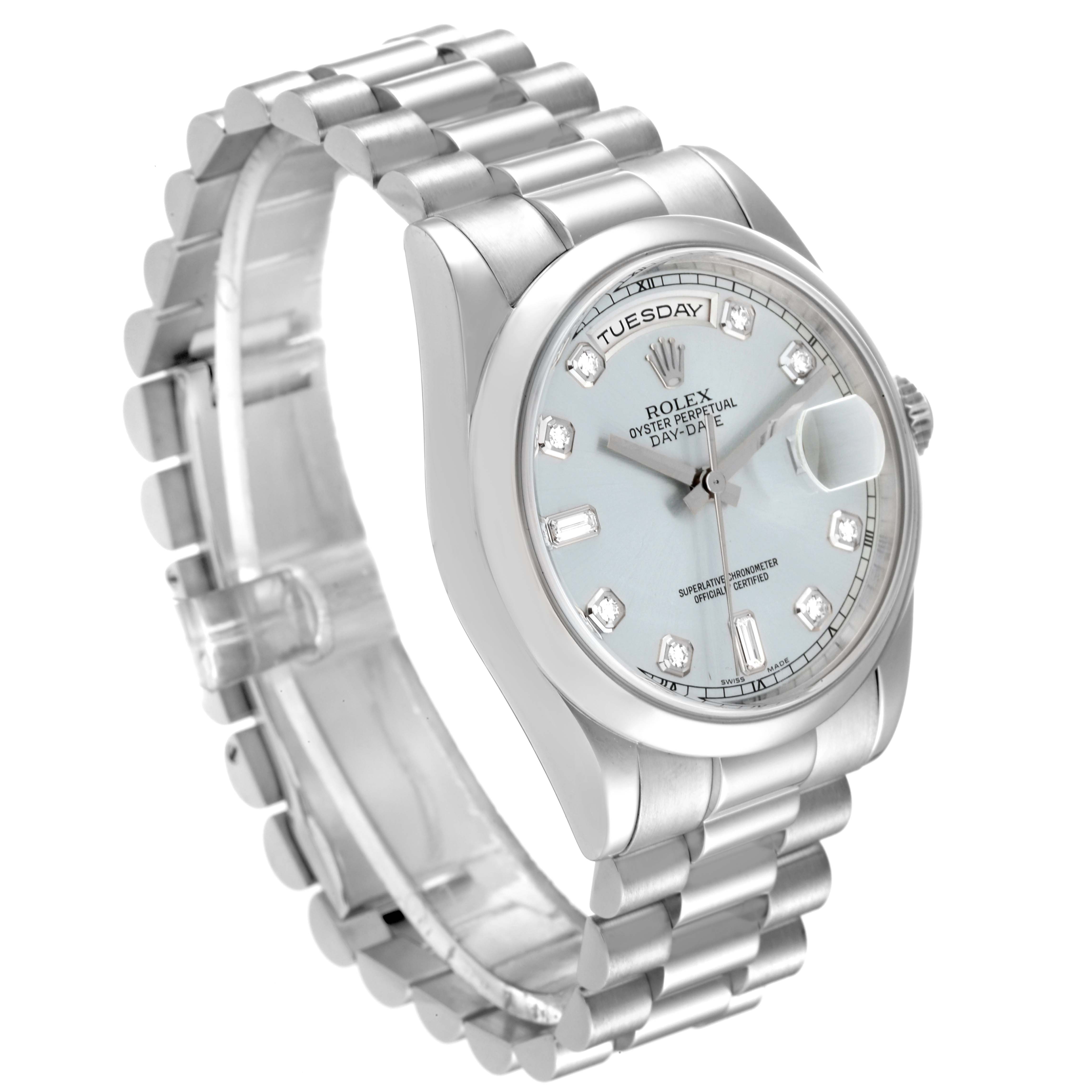 The image shows a Rolex President 118206 Men
s Platinum Blue Dial 118206 Men
s Platinum Blue Dial model watch at an angled side view highlighting its bracelet, face, and bezel.