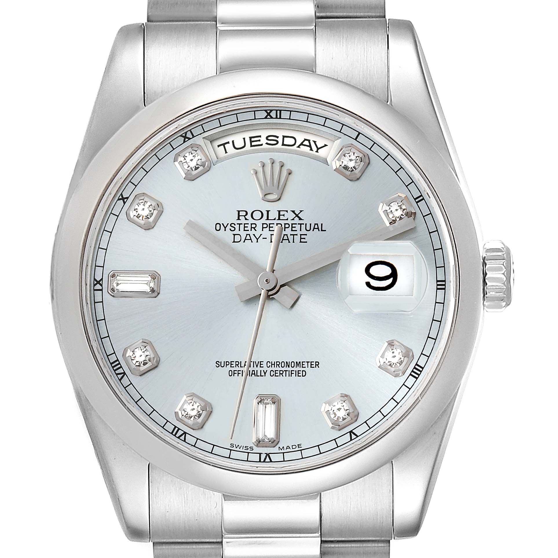 The image shows a close-up of a Rolex President 118206 Men
s Platinum Blue Dial 118206 Men
s Platinum Blue Dial Oyster Perpetual Day-Date watch, highlighting the face, day, and date indicators.