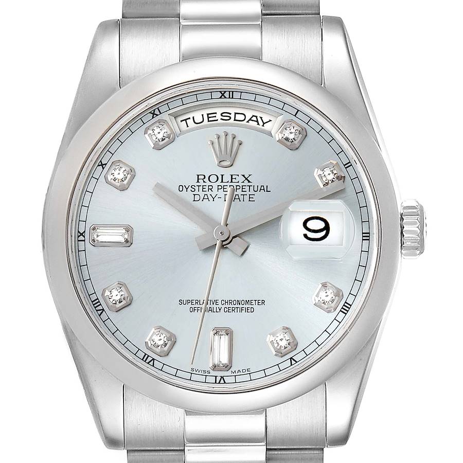 Rolex Day-Date President Platinum Ice Blue Diamond Dial Mens Watch 118206 SwissWatchExpo