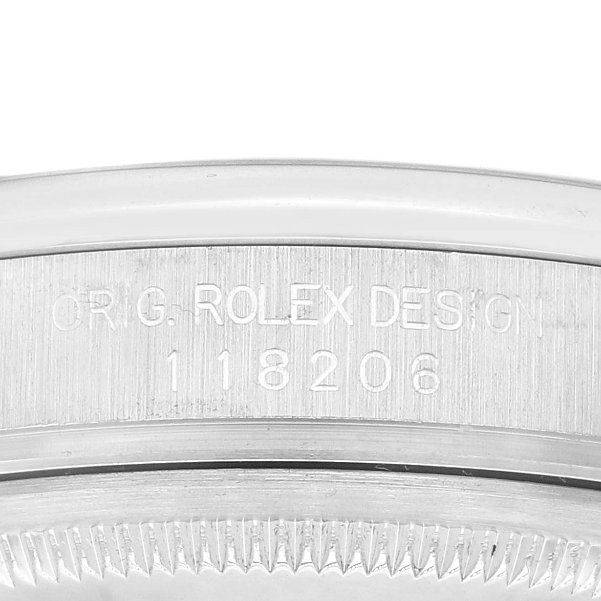 This image shows a close-up of the case side engraving on a Rolex President 118206 Men
s Platinum Blue Dial 118206 Men
s Platinum Blue Dial model watch.