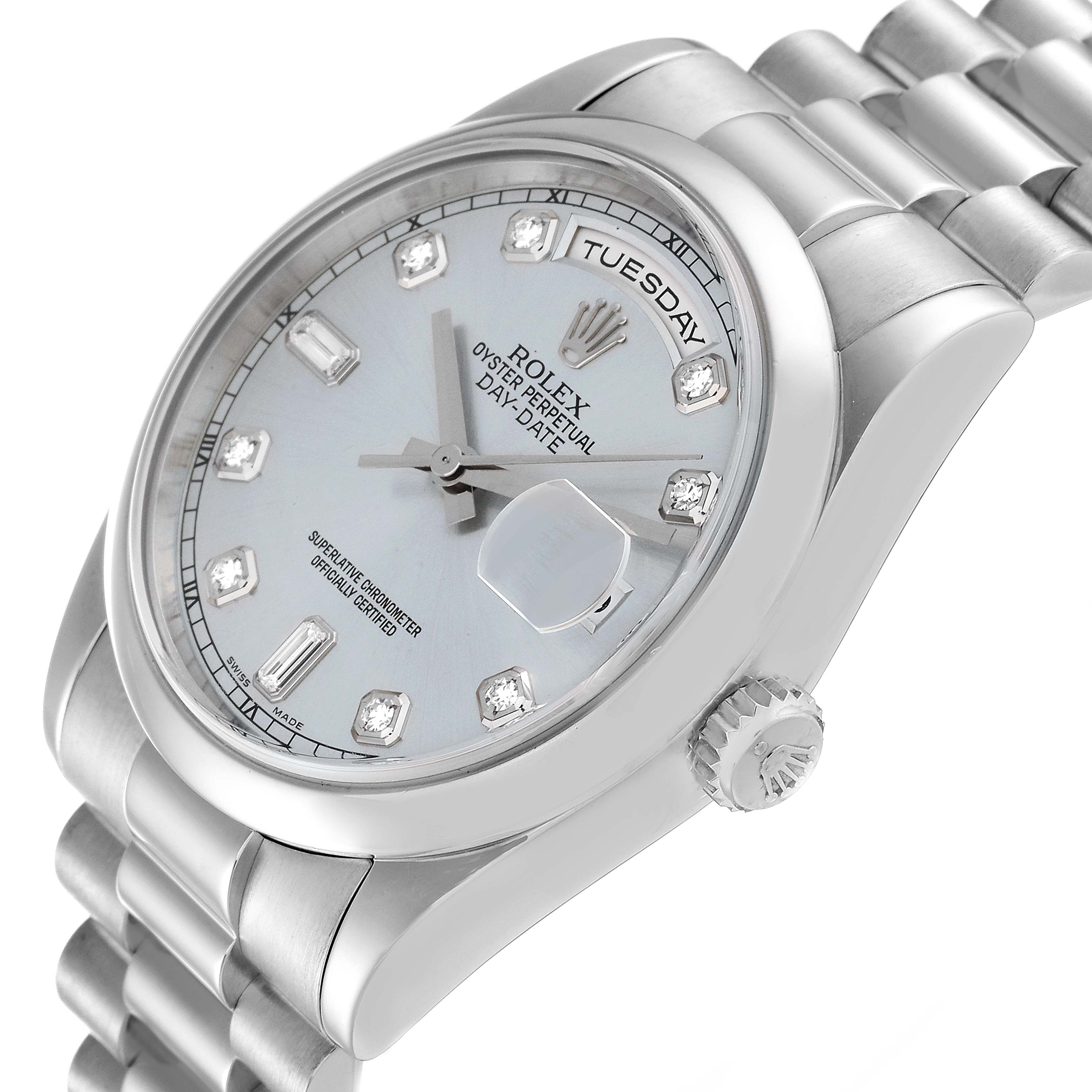 The image shows a Rolex President 118206 Men
s Platinum Blue Dial 118206 Men
s Platinum Blue Dial watch at a slight angle, highlighting the dial, crown, bezel, and part of the bracelet.
