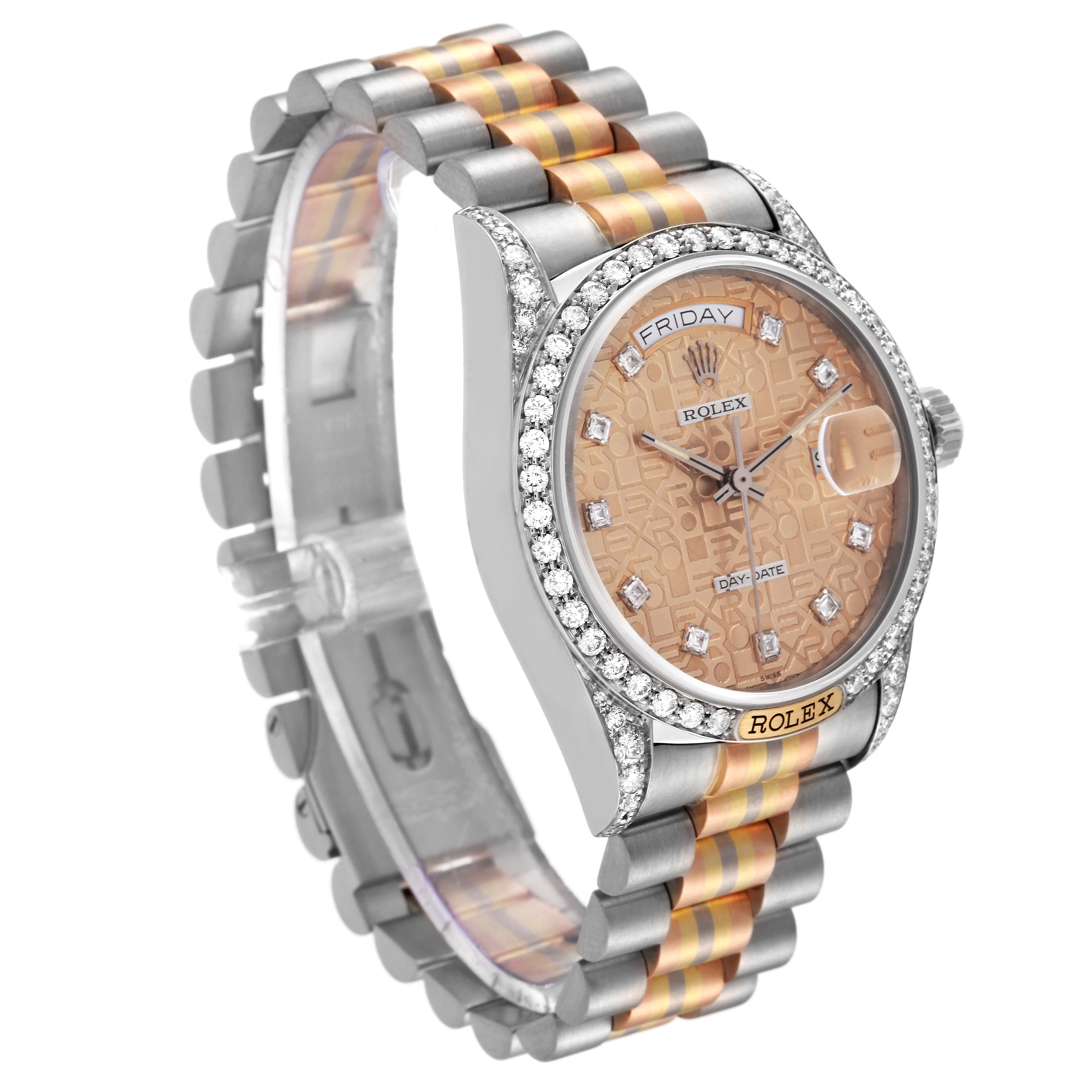 The Rolex President 18139 Men's Steel and Gold (two tone) Brown Dial 18139 Men's Steel and Gold (two tone) Brown Dial model watch is shown at a slight side angle, highlighting its band, bezel, dial, and crown.