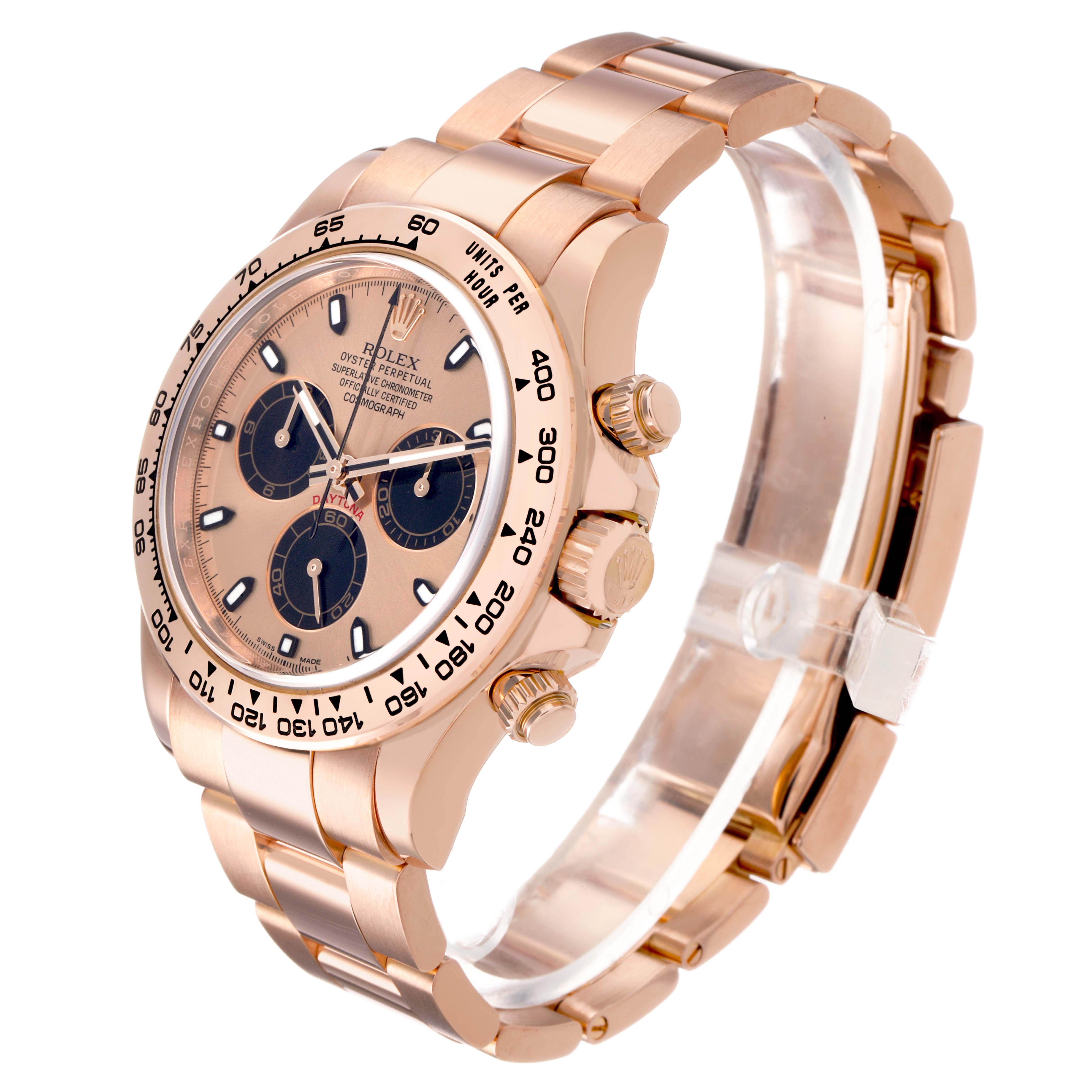 The Rolex Daytona 116505 Men's Rose Gold Pink Dial watch is shown at a three-quarter angle, highlighting its face, bezel, and bracelet.