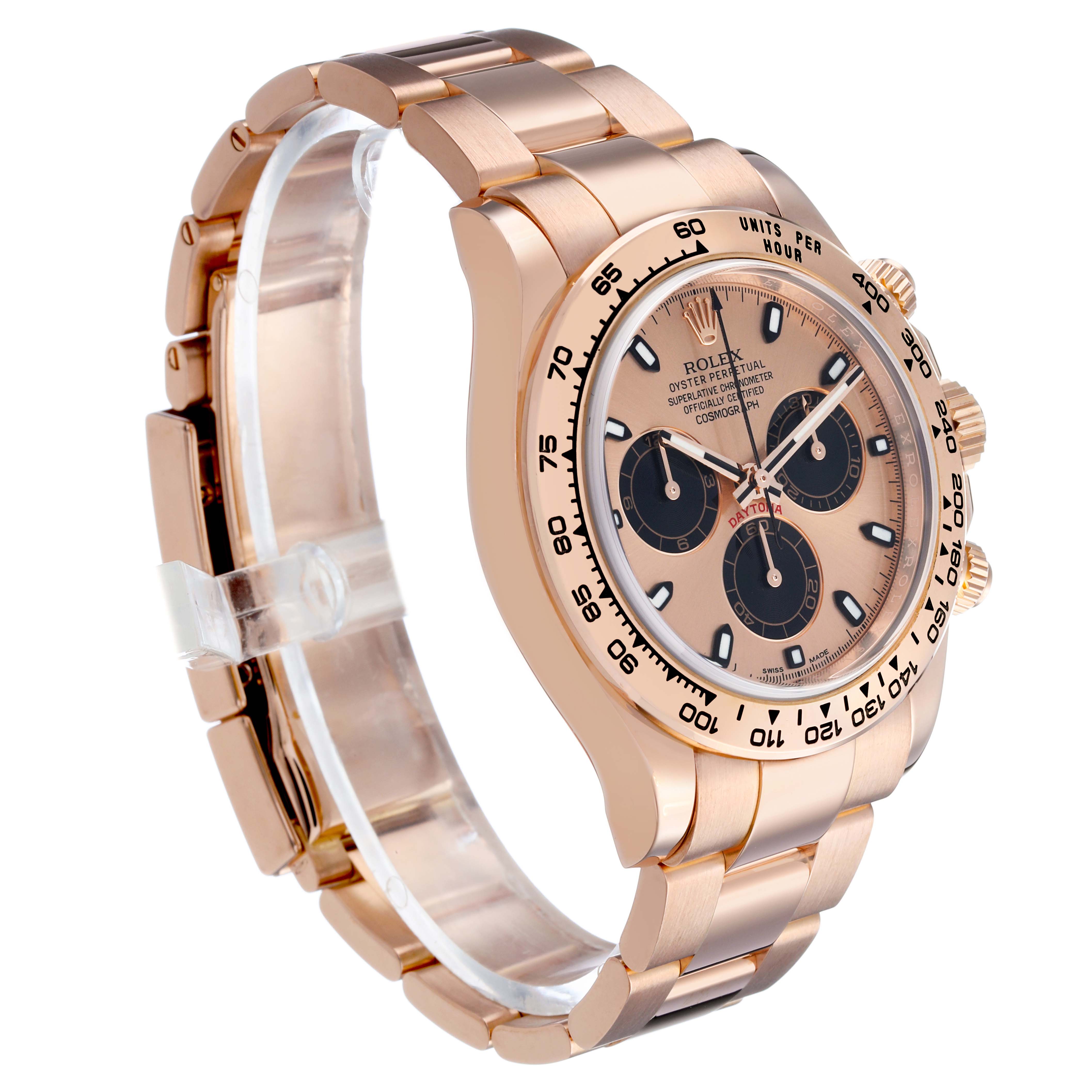 The Rolex Daytona 116505 Men's Rose Gold Pink Dial watch is shown at a three-quarter angle, displaying its face, bezel, crown, and part of the bracelet.