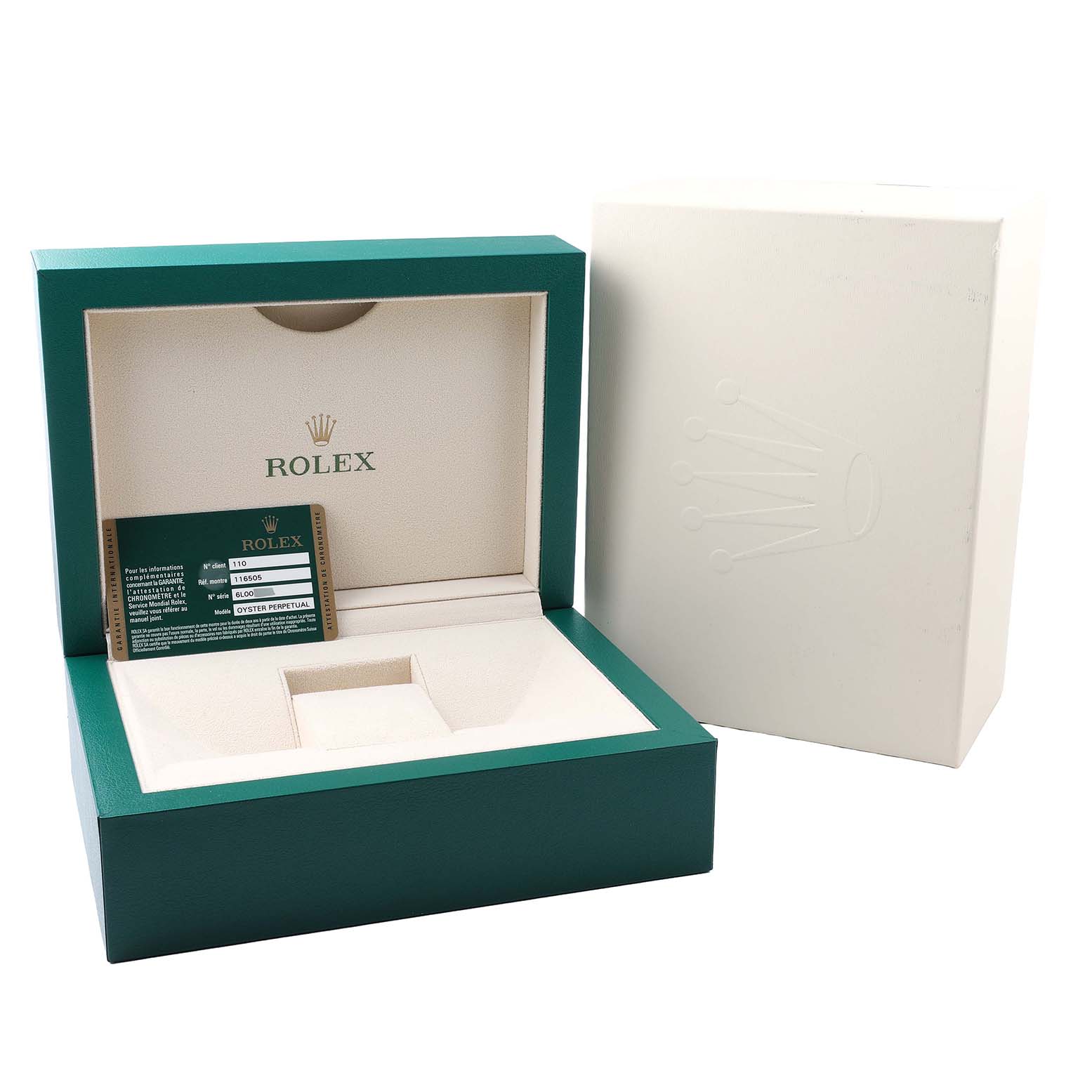 The image shows a Rolex Daytona 116505 Men's Rose Gold Pink Dial watch box with interior compartments and an authentication card.