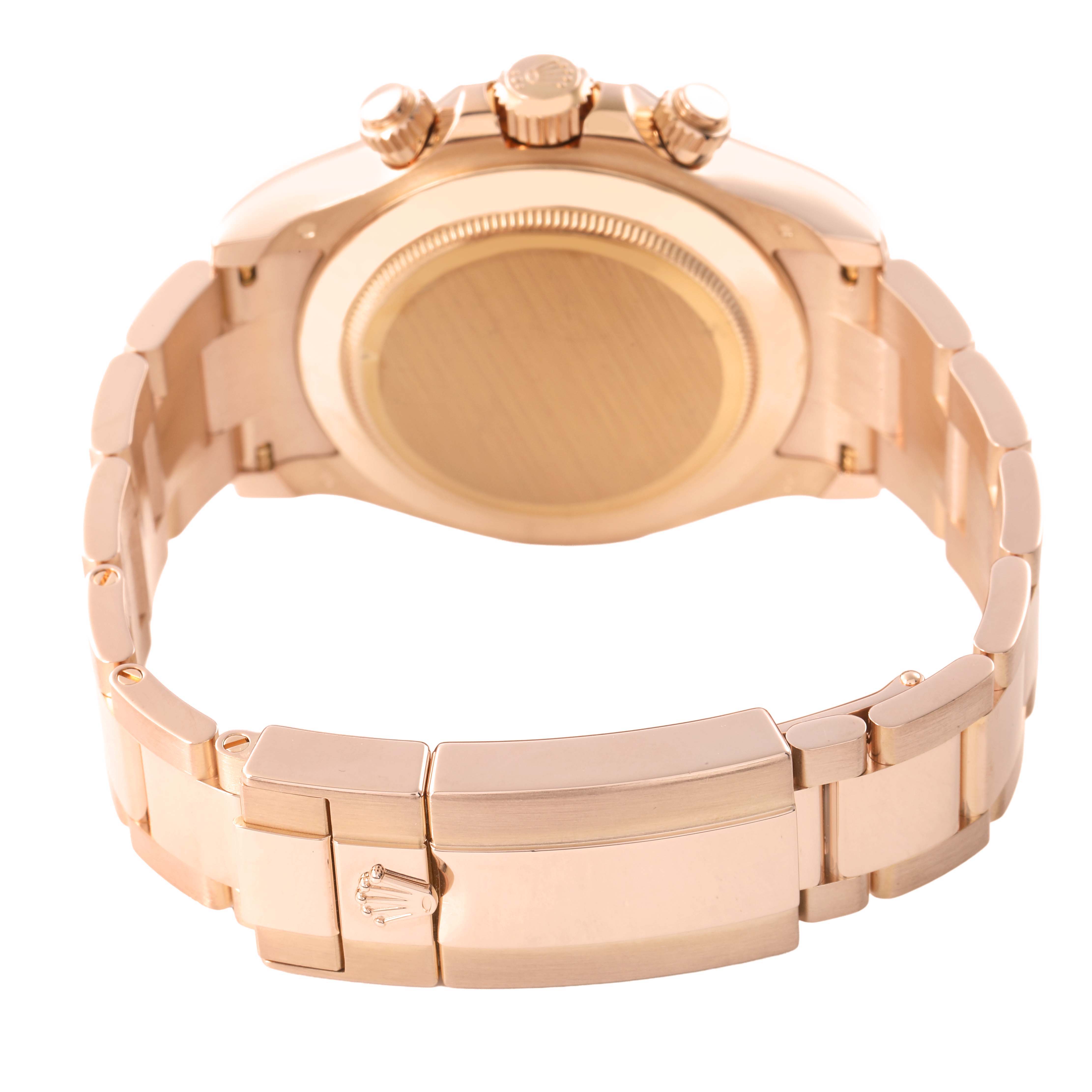 The image shows the case back and bracelet clasp of a Rolex Daytona 116505 Men's Rose Gold Pink Dial watch, viewed from the rear angle.