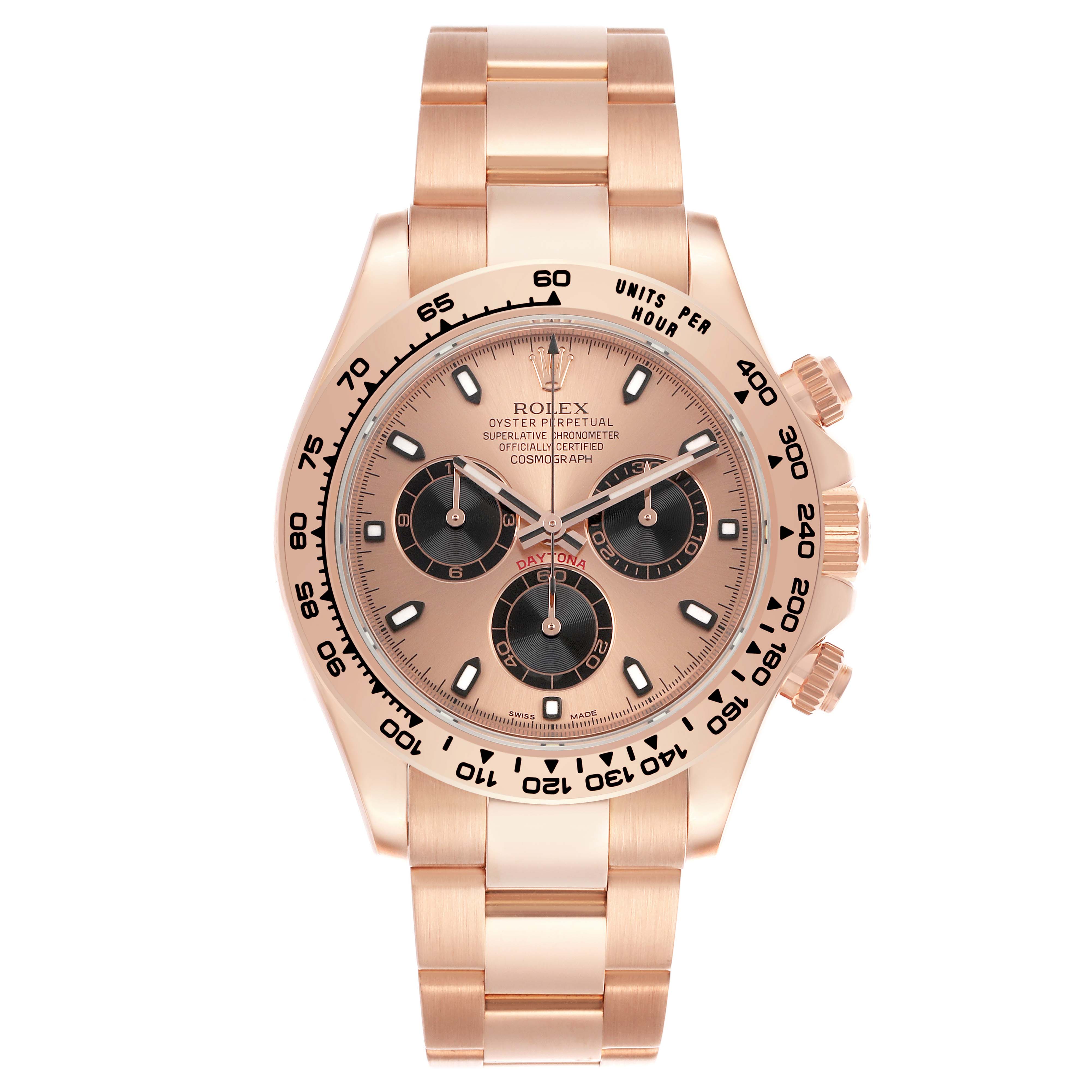 The Rolex Daytona 116505 Men's Rose Gold Pink Dial watch is shown from a front angle, displaying the dial, bezel, and bracelet.