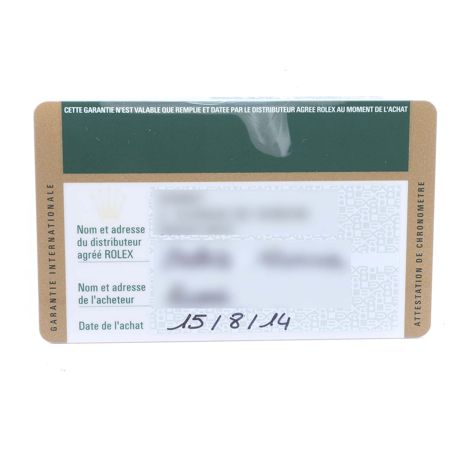 The image shows a warranty card for the Rolex Daytona 116505 Men's Rose Gold Pink Dial watch, displaying purchase details.