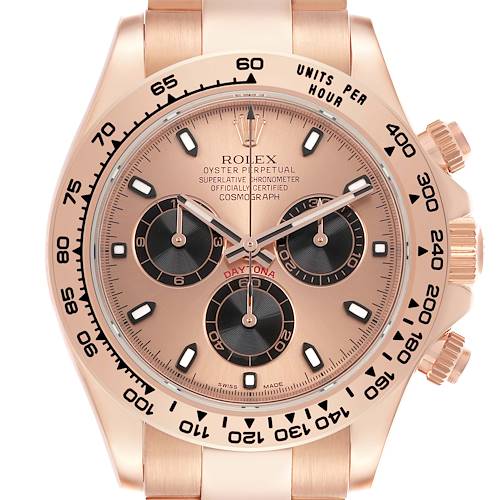 The Rolex Daytona 116505 Men's Rose Gold Pink Dial watch is shown from the front, highlighting the dial, subdials, bezel, and pushers.
