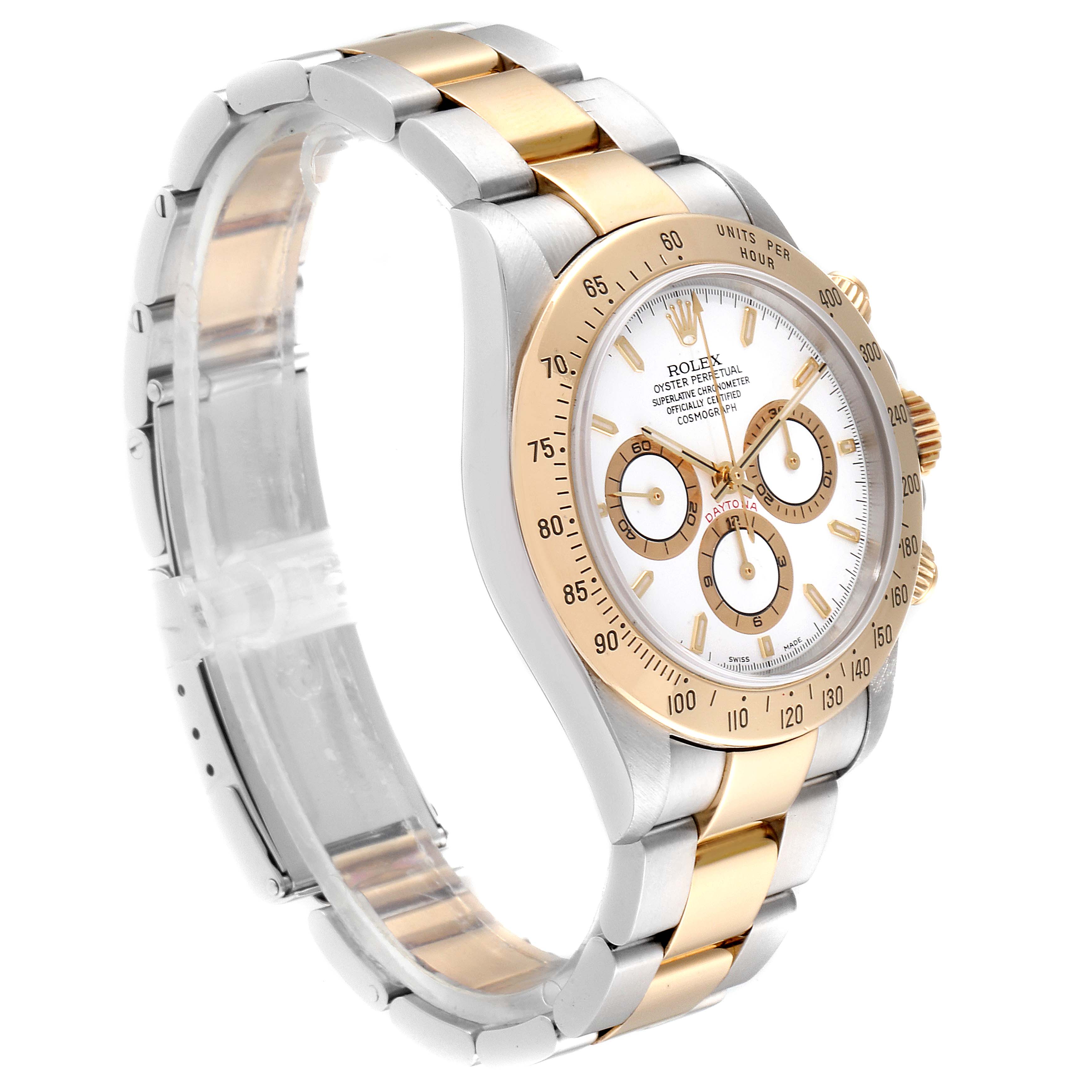 The Rolex Daytona 116523 Men
s Steel and Gold (two tone) White Dial 116523 Men
s Steel and Gold (two tone) White Dial watch is shown at an angled side view, highlighting its gold and silver bracelet and detailed dial.