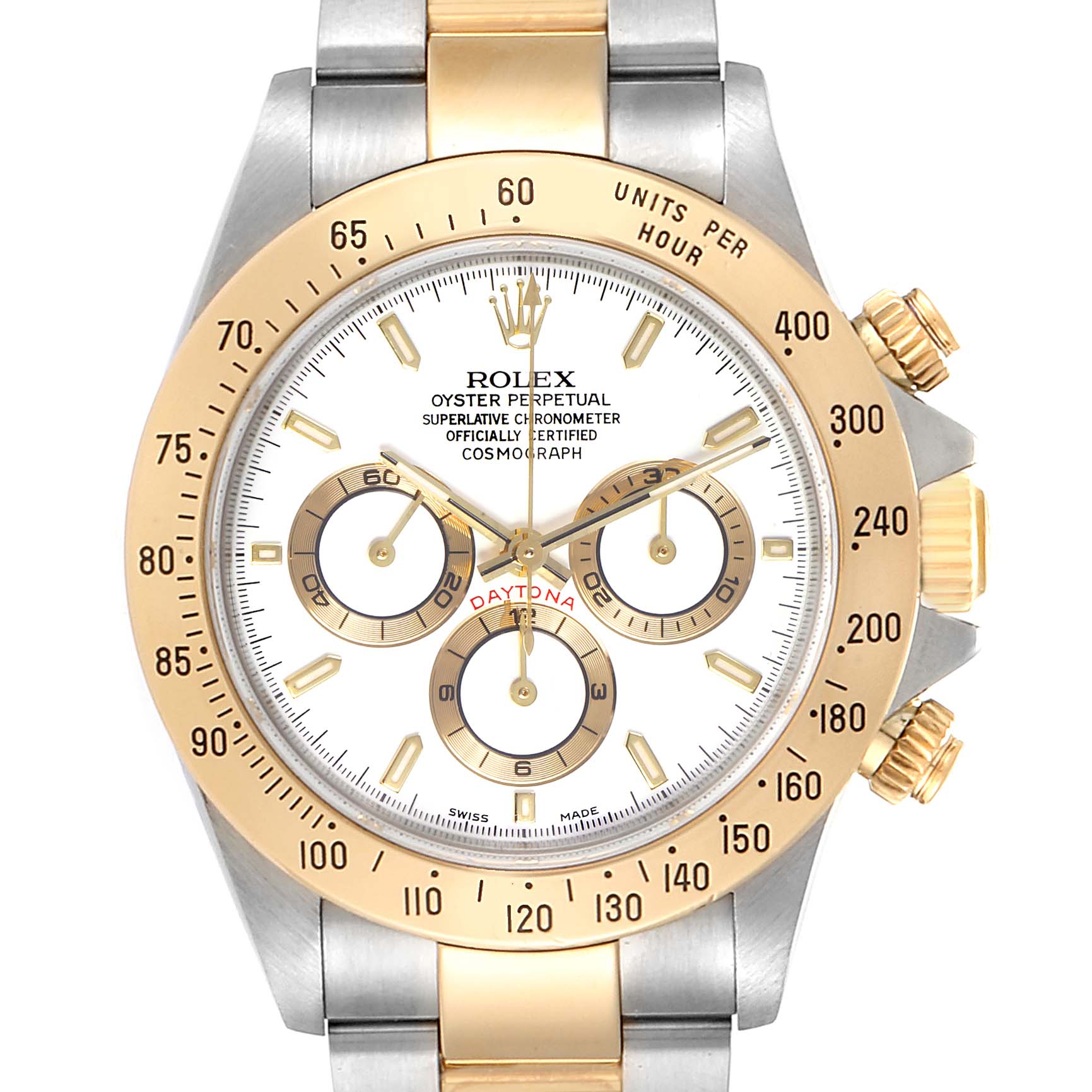 The Rolex Daytona 116523 Men
s Steel and Gold (two tone) White Dial 116523 Men
s Steel and Gold (two tone) White Dial watch is shown in a front-facing view, displaying its dial, bezel, pushers, and part of the bracelet.