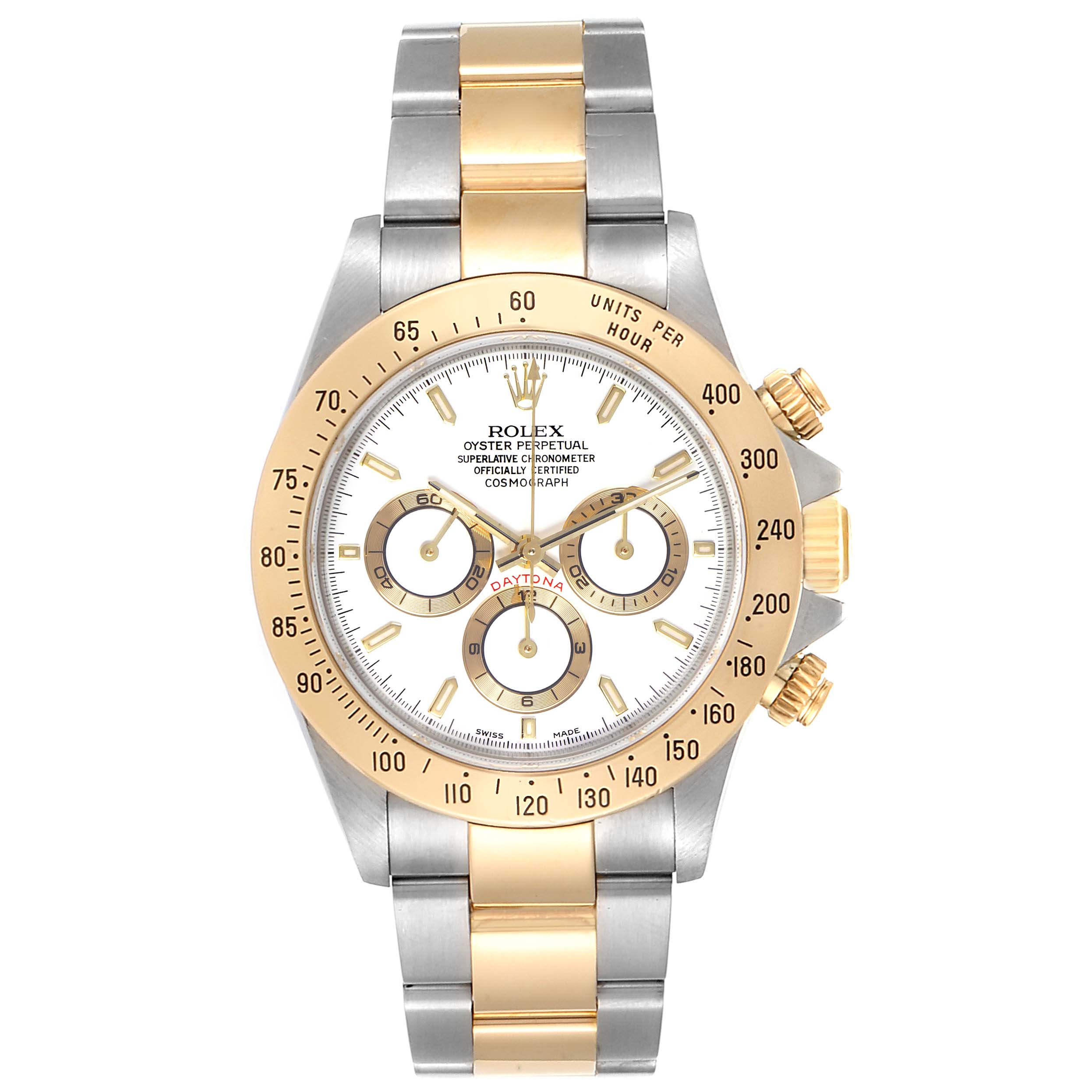 This image shows a front view of the Rolex Daytona 116523 Men
s Steel and Gold (two tone) White Dial 116523 Men
s Steel and Gold (two tone) White Dial watch, highlighting its two-tone bracelet, chronograph subdials, and tachymeter bezel.