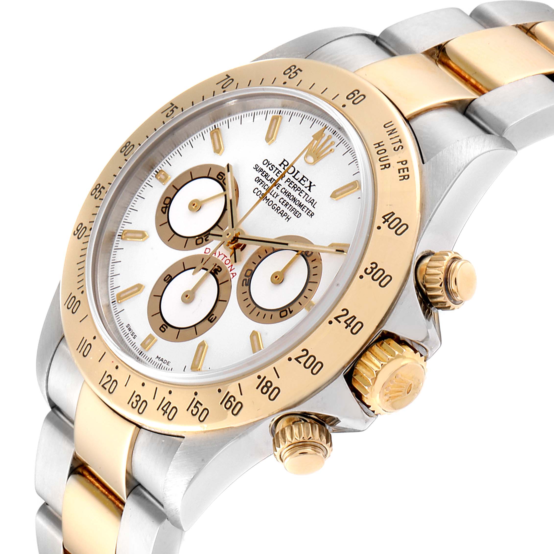 This image shows a Rolex Daytona 116523 Men
s Steel and Gold (two tone) White Dial 116523 Men
s Steel and Gold (two tone) White Dial model watch at a side angle, highlighting the dial, bezel, and band.