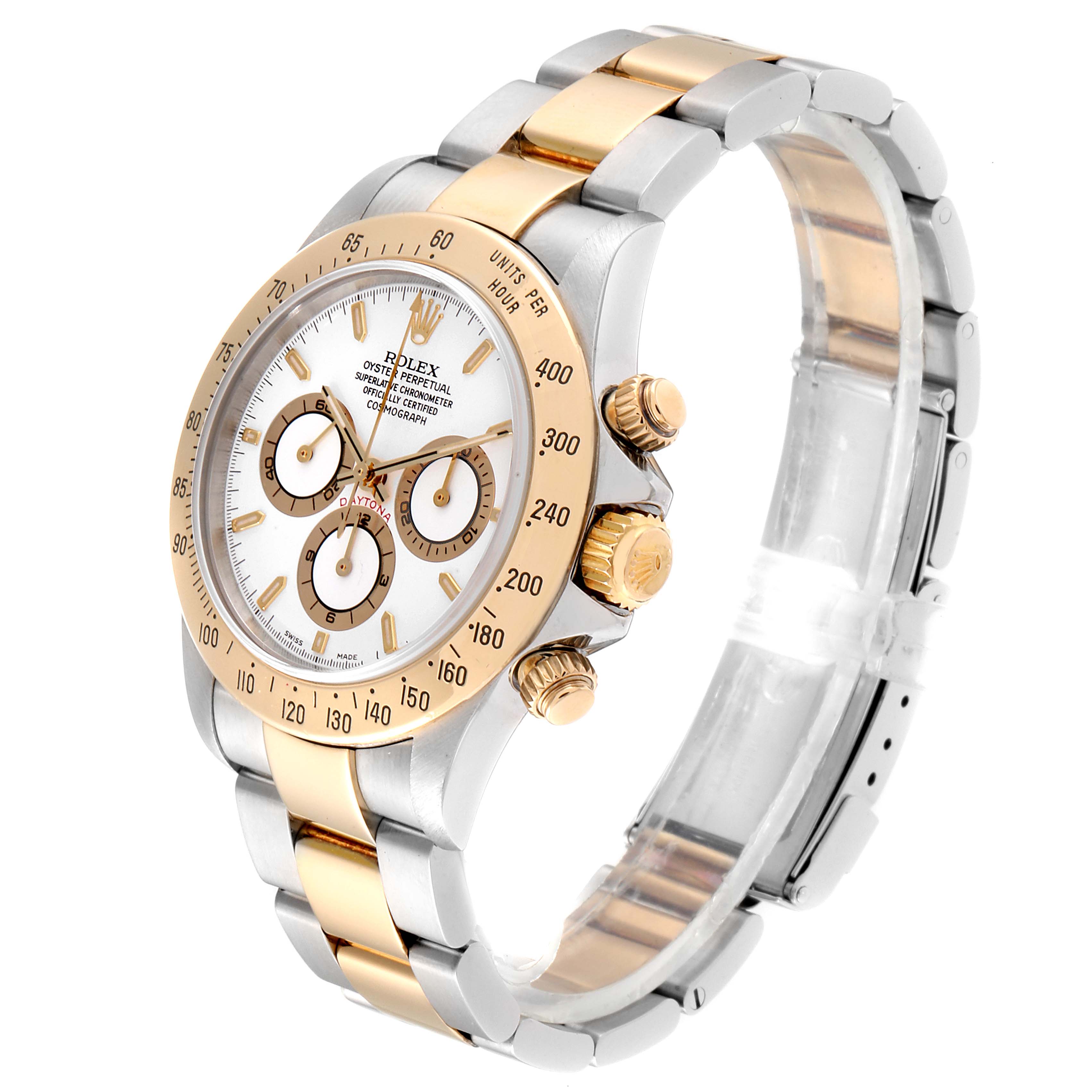 This image shows a Rolex Daytona 116523 Men
s Steel and Gold (two tone) White Dial 116523 Men
s Steel and Gold (two tone) White Dial watch positioned at a three-quarter angle, highlighting the face, bezel, pushers, and bracelet.