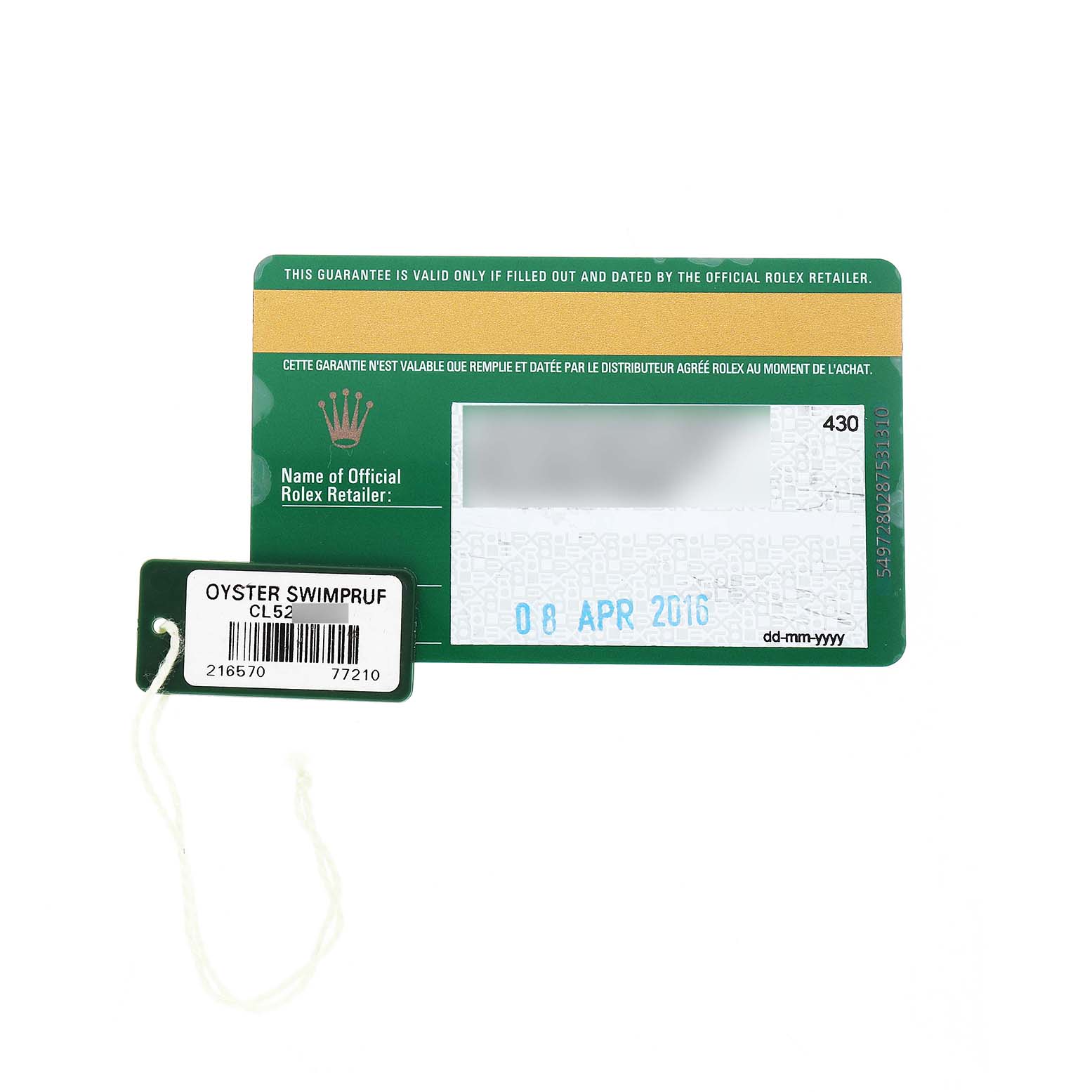 The image shows a Rolex Explorer 216570 Men's Stainless Steel Black Dial guarantee card and tag, viewed from the front.